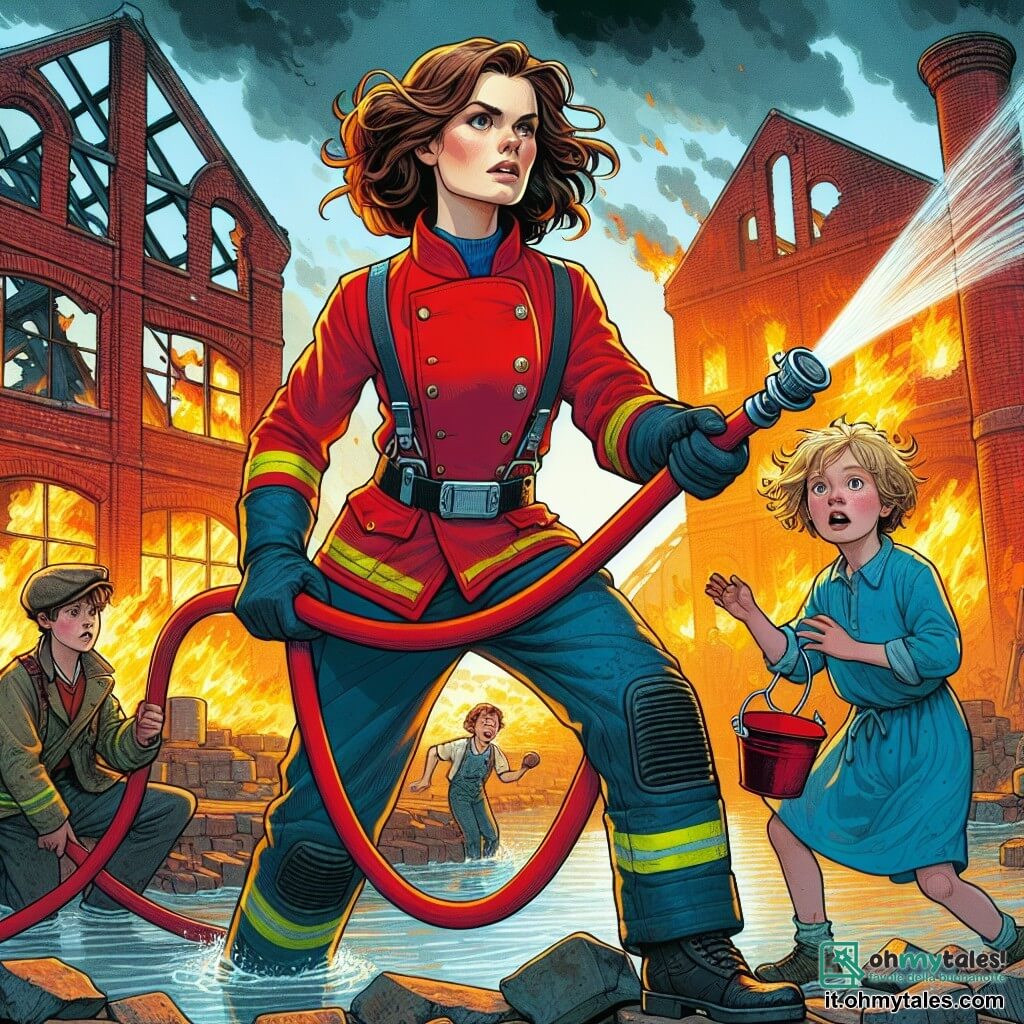 In primo piano, una coraggiosa pompiera di nome Sara, una donna di circa trent'anni con capelli castani raccolti in uno chignon, indossa una uniforme rosso vivo e un casco nero. Il suo volto esprime determinazione e gioia mentre utilizza un tubo antincendio per spegnere le fiamme, proiettando acqua con forza. Accanto a lei, un ragazzo di 8 anni con capelli biondi arruffati guarda con ammirazione, gli occhi spalancati per la fascinazione. Indossa una maglietta blu e pantaloni corti, tenendo un piccolo secchio d'acqua, pronto ad aiutarla. Più in là, una ragazza di 7 anni con capelli ricci e un vestito giallo applaude e sorride, meravigliata dal coraggio di Sara. La scena si svolge davanti a una vecchia fabbrica di ceramiche, con muri di mattoni rossi e finestre rotte, circondata da fumi neri che si alzano verso il cielo blu. Alberi verdi circondano l'edificio, in contrasto con l'urgenza della situazione. La situazione principale mostra Sara, la pompiera, in azione mentre combatte un incendio con l'aiuto dei bambini, che si divertono imparando l'importanza del lavoro di squadra e del coraggio.
