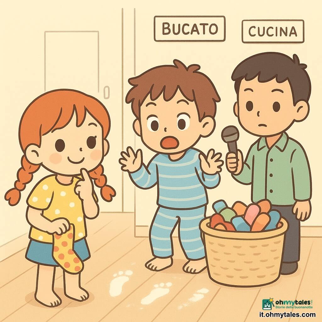 Bambina di 10 anni, gioiosa e maliziosa, capelli rossi in due trecce, occhi grandi, con t-shirt gialla a pois che tiene un calzino a pois come una piccola detective; fratello di 8 anni, birichino e sorpreso, capelli castani arruffati, in pigiama a righe blu vicino a un cesto della biancheria pieno di calzini, fa una smorfia mostrando impronte di farina; fratello di 12 anni, serio e finto professorale, capelli neri corti, con camicia verde e un "microfono" fatto con una calza, leggermente dietro verso la cucina; corridoio luminoso con pavimento in legno chiaro, cesto di panni traboccante di calzini colorati, tre tracce di farina che si diramano verso lavanderia, cucina e stanza dei giochi; scena comica e calorosa, colori pastello, forme arrotondate, espressioni accentuate.