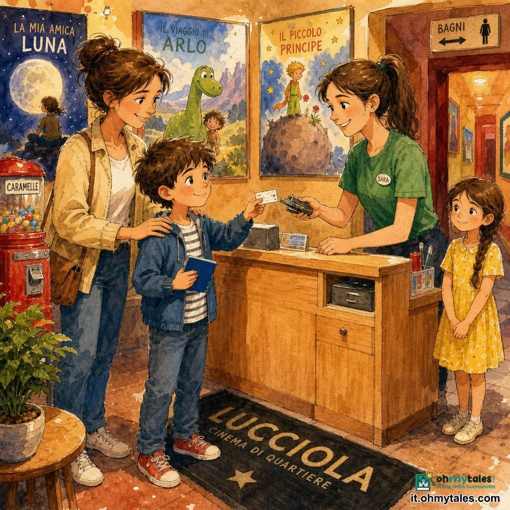 Bambino di 8 anni, volto rotondo, capelli castani corti e arruffati, espressione concentrata e fiera, tiene un piccolo taccuino blu in una mano e mostra un biglietto bianco con l’altra; bambina di circa 7 anni (Elisa), capelli castani in lunga treccia, vestito giallo, sguardo timido ma sorridente, vicino al corridoio dei servizi con le mani giunte; mamma intorno ai 35 anni, capelli raccolti, giacca leggera, sguardo sollevato e riconoscente, dietro il bambino con la mano sulla sua spalla; giovane addetta (Sara) di circa 22 anni, maglietta verde e badge, sorride tenendo una pinza, alla porta della sala vicino al bancone; interno di un piccolo cinema di quartiere con bancone in legno chiaro, locandine colorate, distributore di caramelle rosso, tappeto nero con scritta “LUCCIOLA” e pianta finta; luce calda, ombre morbide, texture d’inchiostro con lavaggi ad acquerello; scena principale: il bambino mostra il biglietto ritrovato davanti al bancone, la mamma e Sara lo guardano contente, Elisa osserva orgogliosa dal corridoio, atmosfera di collaborazione e gentilezza.