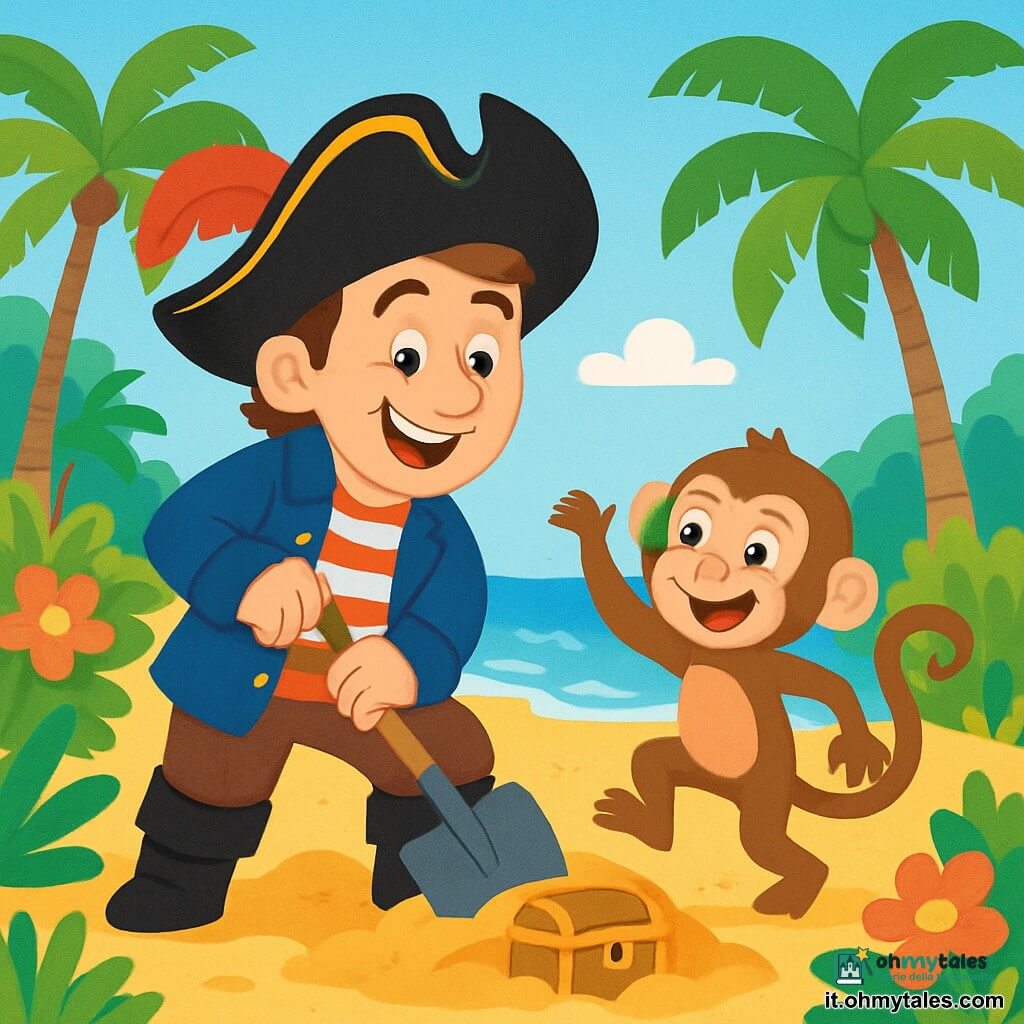 Un pirata allegro, un uomo di circa trent'anni, con un grande cappello nero ornato di una piuma rossa, un sorriso splendente e occhi scintillanti di eccitazione, si trova su una spiaggia dorata, tenendo una pala in mano. Accanto a lui, una piccola scimmietta birichina, di circa 5 anni in età umana, con pelo marrone e occhi maliziosi, danza attorno a lui, mostrando la strada verso il tesoro. Lo scenario è un'isola tropicale, con palme verdi, fiori colorati e un cielo blu splendente. Il mare scintilla in lontananza, con onde dolci che si infrangono sulla riva. La scena principale mostra il pirata che scava nella sabbia, il viso illuminato dalla gioia di scoprire un tesoro nascosto, mentre la scimmietta lo incoraggia con entusiasmo.