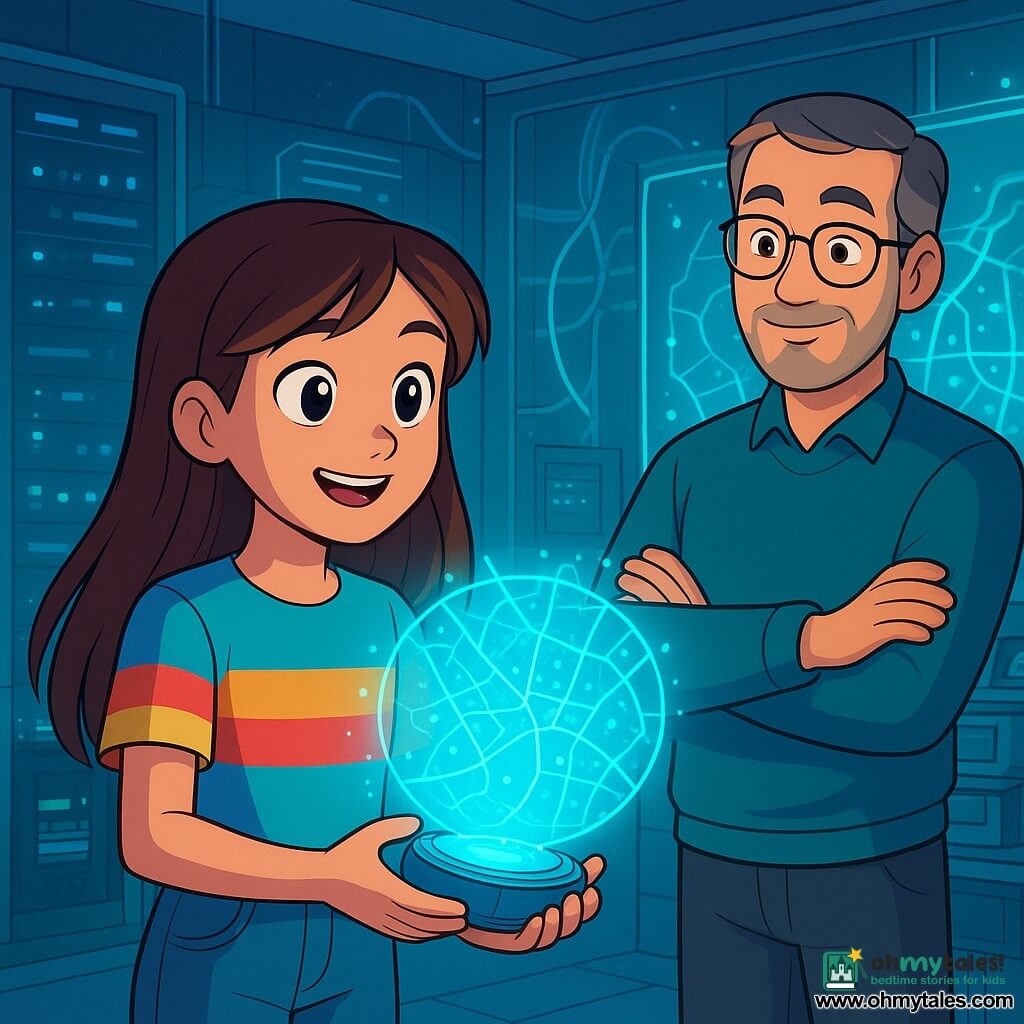 A 12-year-old girl, Luna, with long brown hair and sparkling curious eyes, stands in the center of a futuristic room, her face illuminated by a soft blue light emanating from a mysterious device she holds in her hands. She wears a colorful t-shirt and jeans, her expression both amazed and determined. Next to her, her father, a man in his 40s with glasses and graying hair, watches with a mix of admiration and pride, standing slightly back with his arms crossed in front of a large holographic screen projecting a map of the city. The setting is a vast underground chamber filled with glowing servers and futuristic consoles, with transparent glass walls revealing bright cables and sparkling screens. Shelves are loaded with old technological devices from a bygone era. The main scene shows Luna, fascinated, activating the device that projects a hologram of the city map, lit up with bright points, while her father encourages her with a smile, creating an atmosphere of exploration and discovery.
