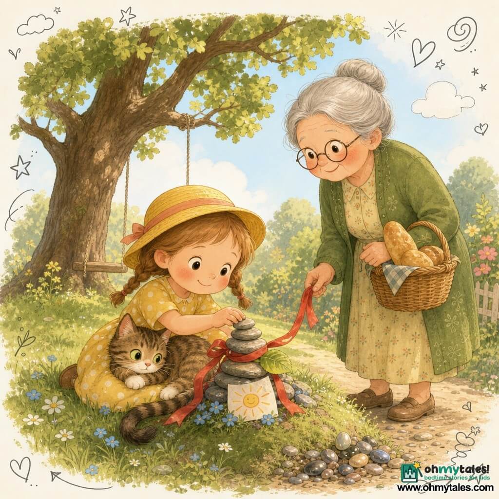 A 4-year-old girl with a round face, rosy cheeks and light brown hair in two small braids, wearing a yellow hat and a polka-dot dress, sits on a grassy hill carefully stacking flat stones into a small cairn; Pip, a small tabby cat with bright green eyes and a curled tail, lies on her lap watching the stones, while Mrs. Green, about 60 with gray hair in a bun, round glasses and a warm smile, stands nearby holding a bread basket and touching a red ribbon; they are in a sunny garden at the foot of a large oak with a green lawn dotted with blue flowers and daisies, a gravel path, a rope swing and a patch of shiny pebbles, creating a calm, warm scene where the secret cairn is adorned with a fluttering red ribbon, a leaf and a tiny note with a drawn sun, with soft textures and childlike doodles.