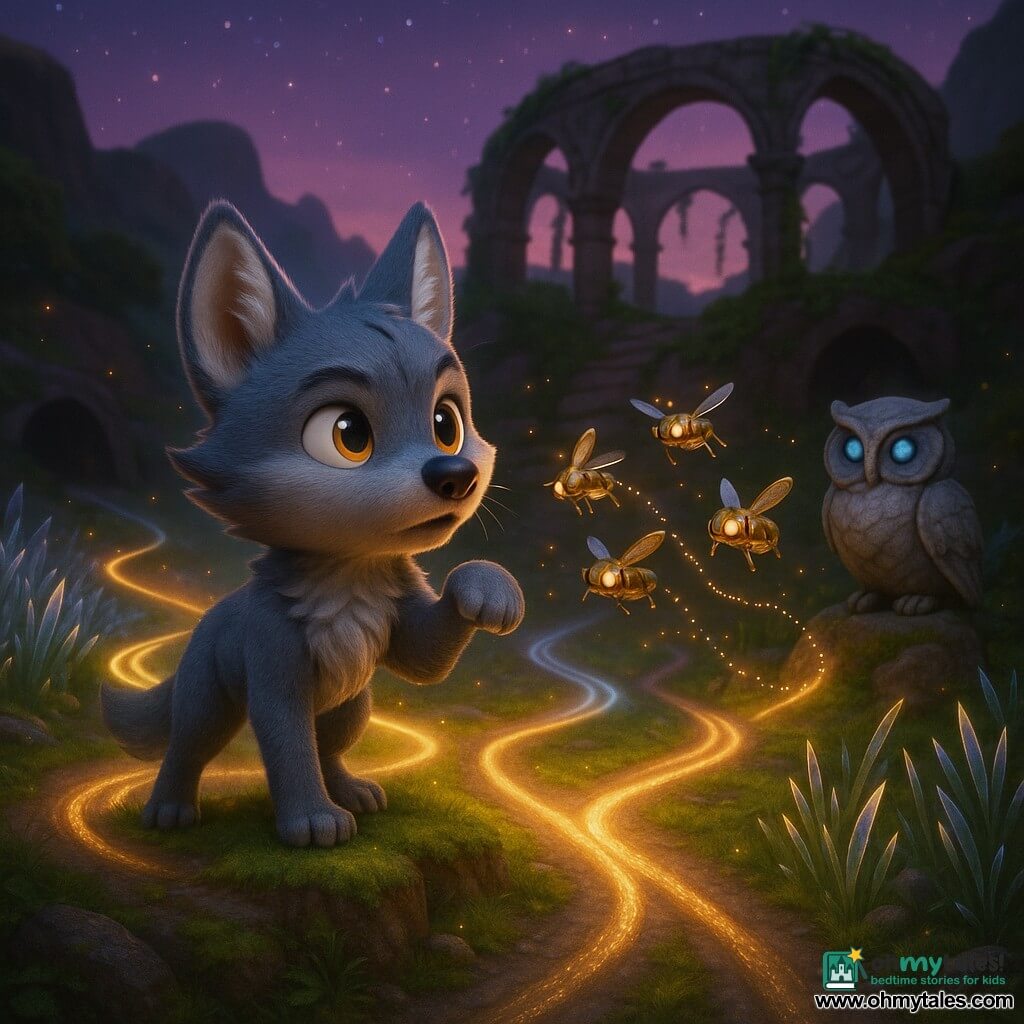 Nova, a small anthropomorphic wolf with silver ears, soft blue-gray fur and bright amber eyes, stands on a mossy ridge sniffing the air with one paw raised; to his right a swarm of small polished-brass mechanical beetles clicks and flies in formation leaving dotted lights near the grasses, while on a low stone in the background a living carved owl with pale blue glass eyes watches; the scene is Starforge Valley at dusk—crystalline grasses, shadowy rock tunnels and vine-covered stone arches of an observatory under a mauve sky speckled with tiny lights—and Nova stands at a crossroads of three paths lit by singing ribbons of light (to a crystal meadow, resonant tunnels and the observatory arches) with visible melody filaments around him; 3D animated-film style, rich contrasting colors, soft fur textures, shiny metal surfaces and dramatic twilight lighting, composition centered on Nova and the illuminated paths.