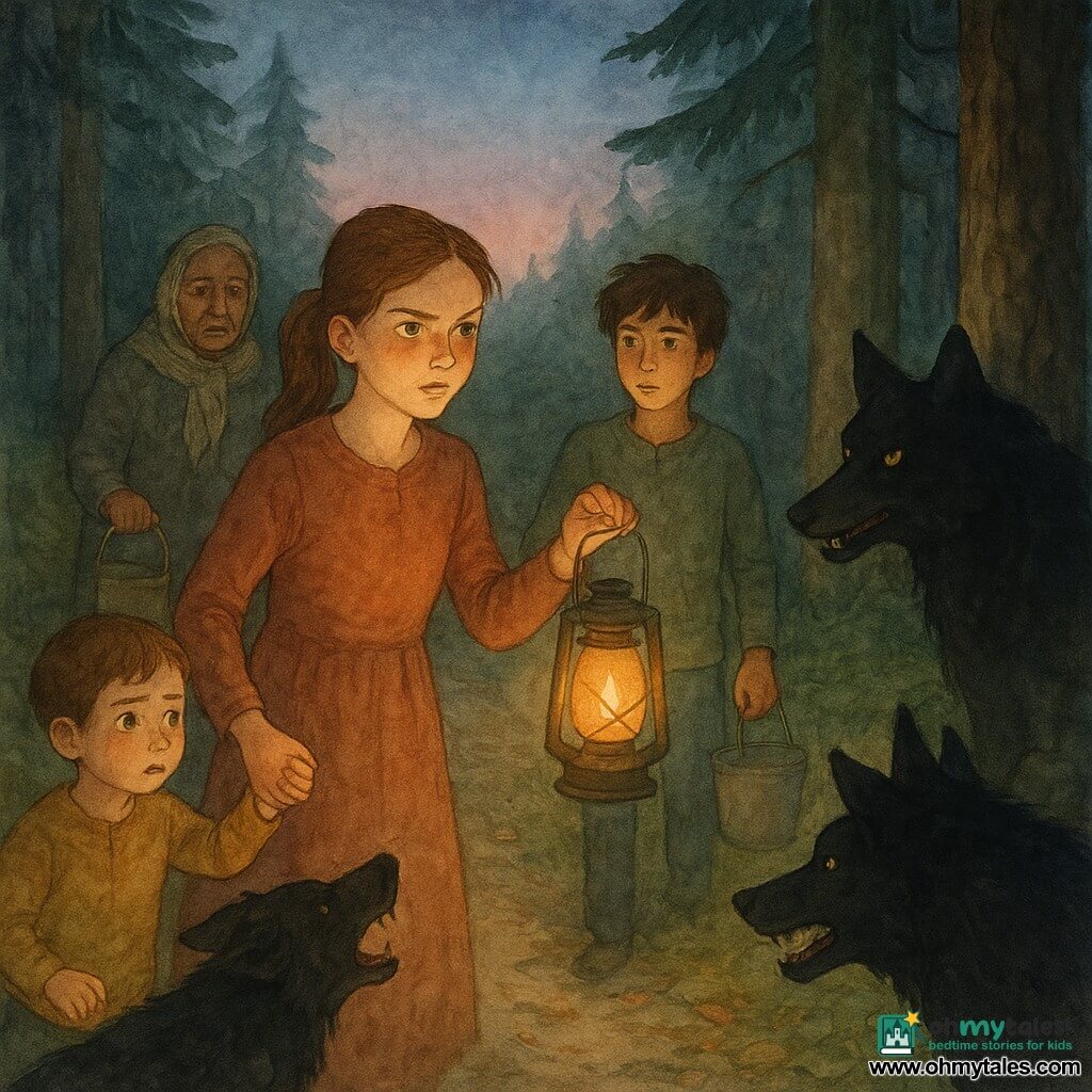 A 12-year-old girl, Elsie, with a determined but slightly trembling face, pale lightning-like eyes and chestnut hair in a ponytail, holds a glass lantern casting a warm glow on her face as she stands upright at the edge of a narrow dirt path through close-set firs, hand gripping the strap; a reassuring 12-year-old boy, Rowan, with messy brown hair, holds another lantern slightly behind her to the right; a worried round-faced boy of about six, Pip, stands to her left holding her hand; an elderly woman, Marta, about 70 with deep wrinkles and a worn scarf, stands by a well with a bucket in the background, stern but relieved; three large thick-furred dark dogs with erect ears bark toward the woods between the villagers and the tree line; a large black wolf with a glossy coat that seems to absorb light, piercing yellow eyes, a thin muzzle and an unsettling smile sits partially hidden between two fir trunks at the forest edge, staring at Elsie; the scene is a calm, tense confrontation at twilight on a mossy, leaf-strewn path lit by glass oil lanterns casting orange halos under a blue-gray sky with a pink band, villagers forming a circle of lanterns around Elsie while the wolf speaks from the shadow, tension visible and strong contrasts between lit areas and deep shadows.