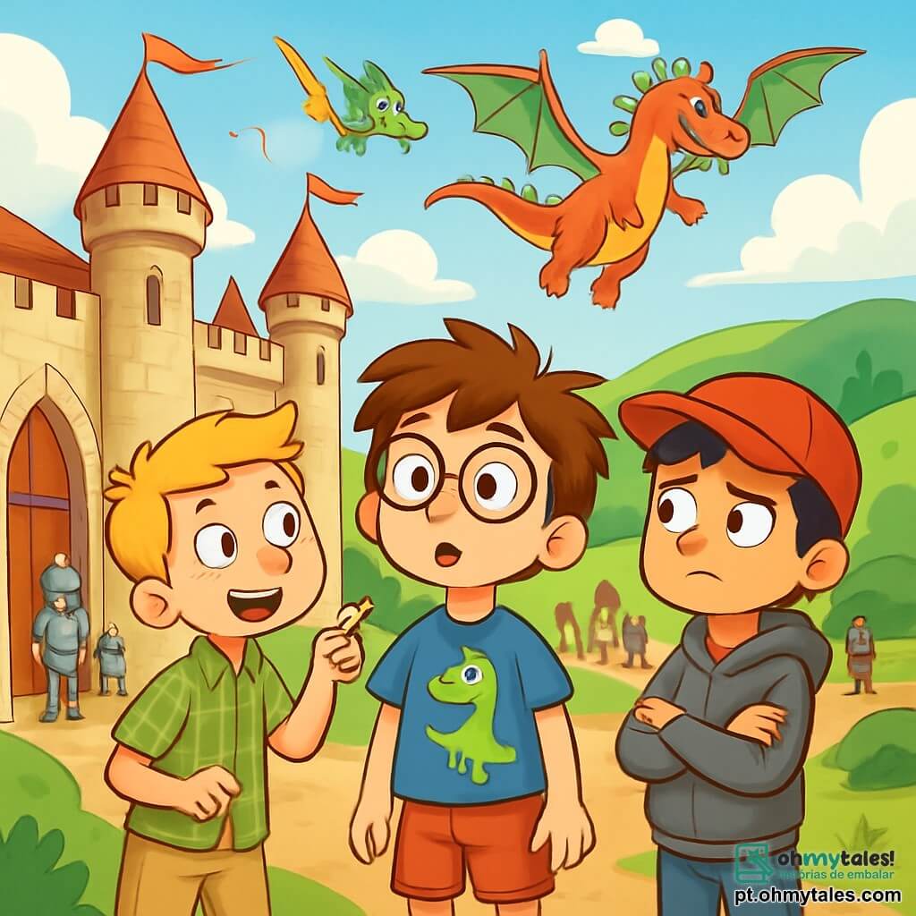 Há 3 personagens: - Lucas: um garoto de 10 anos, com cabelos castanhos bagunçados e óculos redondos. Ele usa uma camiseta azul com um dinossauro e um short vermelho. Está em pé no centro, com os olhos arregalados de curiosidade. - Pedro: um garoto de 9 anos, com cabelos loiros e sardas. Ele veste uma camisa xadrez verde e uma calça bege. Está à esquerda de Lucas, apontando para uma grande porta de madeira do castelo. - Rafael: um garoto de 10 anos, com cabelos negros e um boné vermelho. Ele usa um moletom cinza e jeans. Está à direita de Lucas, com os braços cruzados, mostrando uma expressão preocupada. A cena acontece em um lindo vale medieval, cercado por colinas verdes. Ao longe, um grande castelo de pedra com torres pontudas se ergue sob um céu azul claro, com nuvens brancas. Bandeiras flutuam no topo das torres, e aldeões vestidos à época se movem por caminhos de terra. A situação principal mostra os três amigos, maravilhados e um pouco assustados, descobrindo esse novo mundo. Eles estão diante do castelo, onde cavaleiros em armaduras brilham ao sol, enquanto um dragão colorido voa acima deles, adicionando um toque de magia à sua aventura.