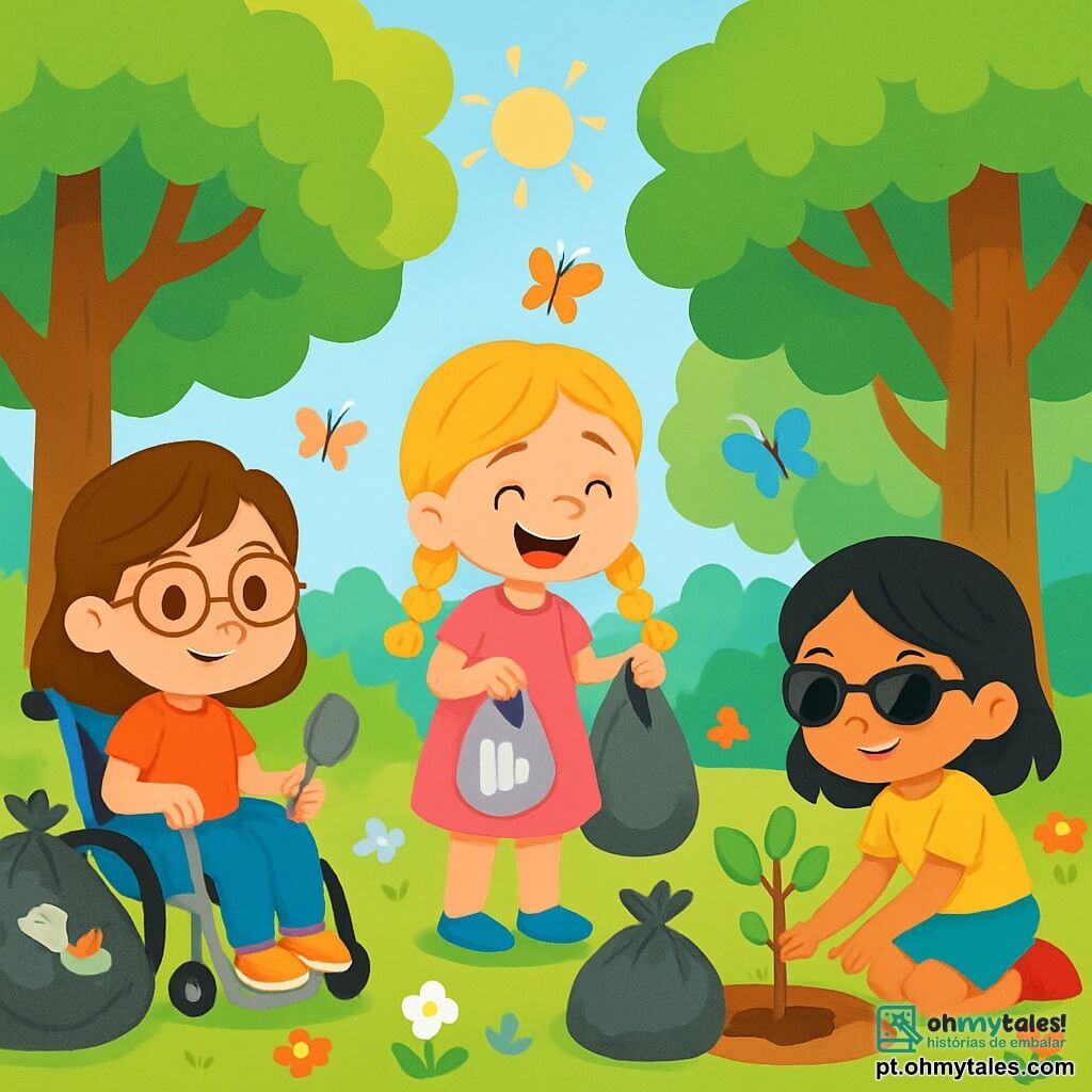 Há 3 personagens: Sofia, uma menina de 8 anos, com cabelos castanhos e óculos, sentada em uma cadeira de rodas, sorridente e determinada, segurando uma pequena pá; Clara, uma menina de 7 anos, com cabelos loiros em tranças e um vestido rosa, em pé ao lado de Sofia, recolhendo lixo com um grande sorriso; e Ana, uma menina de 7 anos, com cabelos negros e óculos de sol, ajoelhada diante de um buraco que ela cavou, pronta para plantar uma jovem árvore. O cenário é uma floresta verdejante, com árvores majestosas, flores coloridas no chão e raios de sol iluminando a cena. As três amigas estão limpando a floresta, recolhendo lixo e plantando árvores, com expressões de alegria e determinação. Sacos de lixo cheios estão ao redor delas, enquanto uma pequena área limpa se destaca, simbolizando seu esforço para salvar a floresta e trazer de volta as borboletas.
