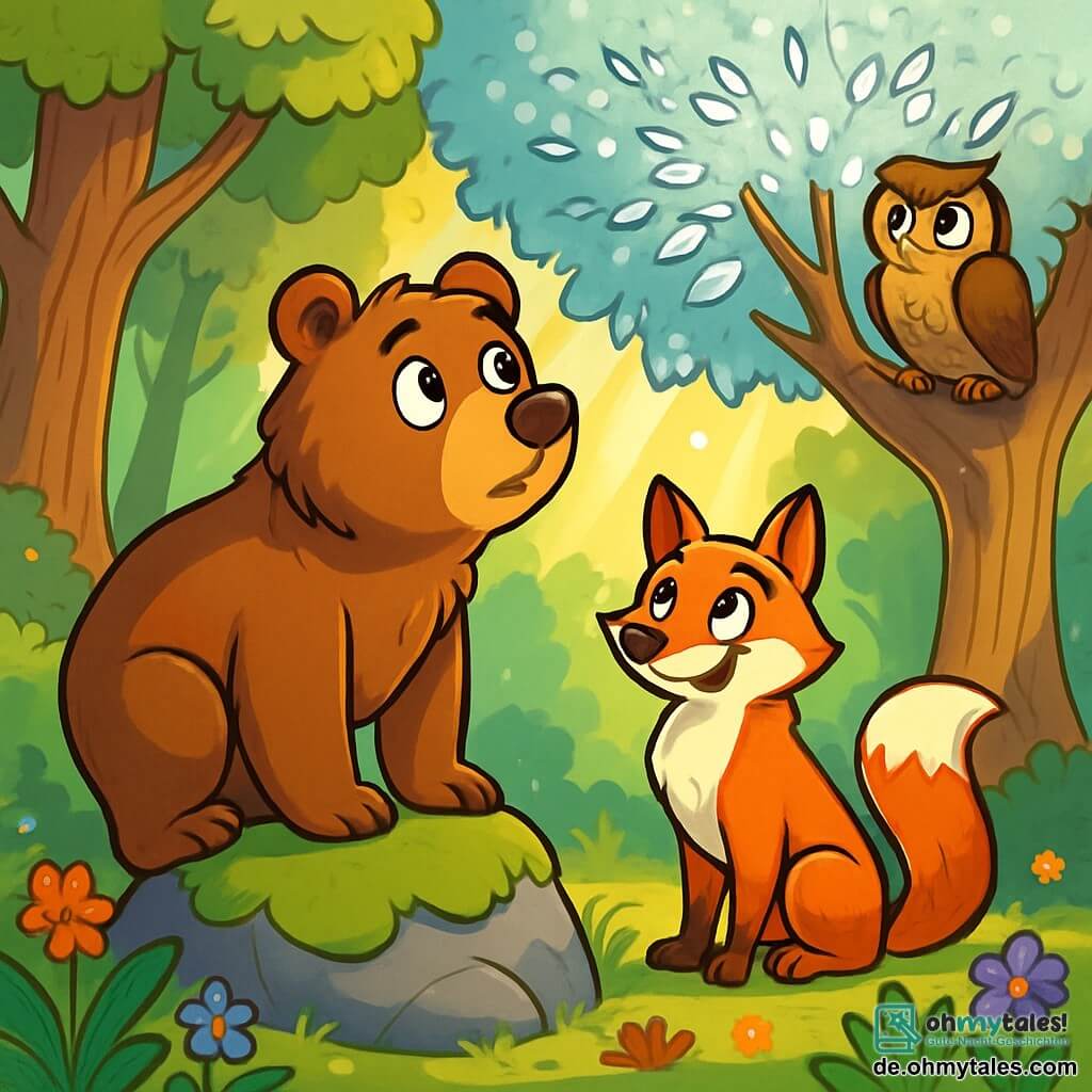 Balduin, ein großer Braunbär mit neugierigen Augen, steht auf einem moosbedeckten Felsen und blickt auf einen majestätischen Baum mit silbernen Blättern, die in der Sonne funkeln. Er wirkt erstaunt und nachdenklich, als hätte er ein wertvolles Geheimnis entdeckt. Neben ihm beobachtet ein listiger Fuchs mit leuchtendem Fell und schelmischem Lächeln aufmerksam Balduin, bereit, seine Weisheit zu teilen. Ein weiser Uhu, der auf einem Ast sitzt, schaut Balduin mit durchdringenden Augen an, seine ernste und aufmerksame Miene scheint auf eine tiefgründige Frage zu warten. Die Szenerie ist eine verzauberte Lichtung, umgeben von großen, knorrigen Bäumen, mit bunten Blumen, die sanft im Wind tanzen. Sonnenstrahlen brechen durch das Laub und schaffen leuchtende Muster auf dem Boden. Die Hauptsituation zeigt Balduin, der den geheimnisvollen silbernen Baum betrachtet, während der Fuchs und der Uhu ihn ermutigen, die verborgenen Wahrheiten des Lebens zu erkunden, was die Suche nach Weisheit und Wissen symbolisiert.