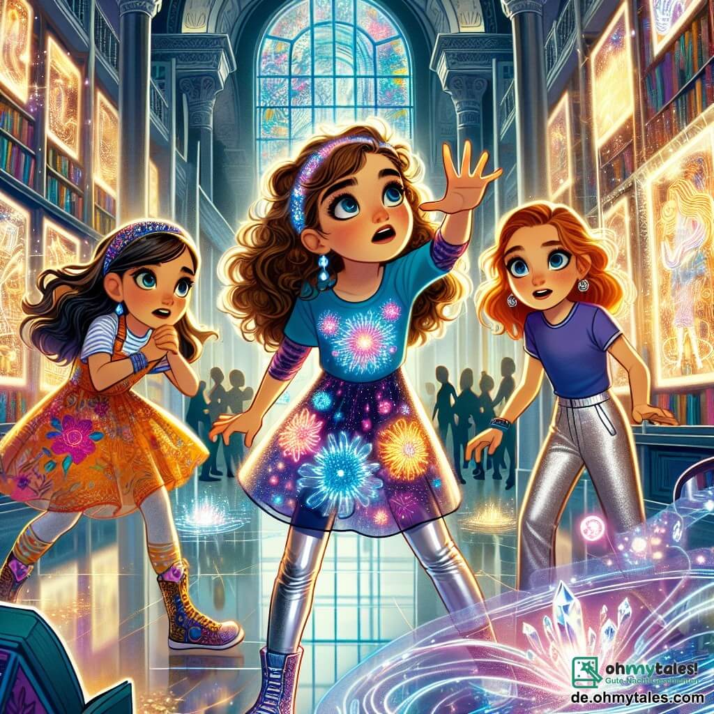 Drei 10-jährige Mädchen stehen in einer futuristischen Bibliothek: 1. **Mia** hat lockige braune Haare und trägt ein buntes Kleid mit leuchtenden Blumenmustern. Sie schaut fasziniert auf einen großen holographischen Bildschirm, der Bilder der Stadt zeigt. 2. **Lila** hat glattes blondes Haar und trägt ein blaues T-Shirt mit silberner Hose. Sie drückt einen Knopf an einer Glaswand, wodurch sich eine geheime Tür öffnet. 3. **Zoe** hat rote Haare und trägt einen lila Overall. Sie steht neben einem geheimnisvollen leuchtenden Kristall, fasziniert von dem Licht, das er ausstrahlt. Der Ort ist eine majestätische Bibliothek mit transparenten Glaswänden, die Sonnenlicht hereinlassen und farbige Reflexe auf den Boden werfen. Regale voller futuristischer Bücher reichen bis zur Decke, und Hologramme schweben herum, was der Umgebung einen magischen Touch verleiht. Die Hauptsituation zeigt die drei Freundinnen, die ein unglaubliches Geheimnis entdecken: eine Tür, die sich zu einer futuristischen Welt öffnet, in der sie ihre Stadt Glitzerstadt sehen können, verwandelt in einen noch wunderbaren Ort voller hängender Gärten und erstaunlicher Technologien.