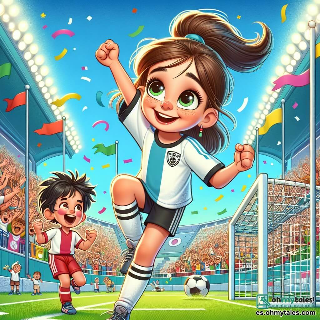 Una niña, Sofía, de unos 12 años, con el pelo castaño recogido en una coleta, lleva un uniforme de fútbol azul y blanco. Sonríe ampliamente, con los ojos brillantes de emoción, tras marcar un gol decisivo. A su lado, un niño de 10 años, Luis, con el pelo negro desordenado y una camiseta de fútbol roja, salta de alegría levantando los brazos, su rostro radiante de orgullo. El escenario es un gran estadio soleado, lleno de espectadores entusiastas, con pancartas de colores flotando en el aire y banderas agitando al viento. Al fondo, se ve un campo de fútbol verde brillante, con líneas blancas bien marcadas y porterías de metal. La escena principal muestra a Sofía celebrando su gol, rodeada de sus compañeras que la aplauden, mientras el público aplaude y grita de alegría. La atmósfera es vibrante y llena de energía, capturando el momento mágico de un sueño hecho realidad.
