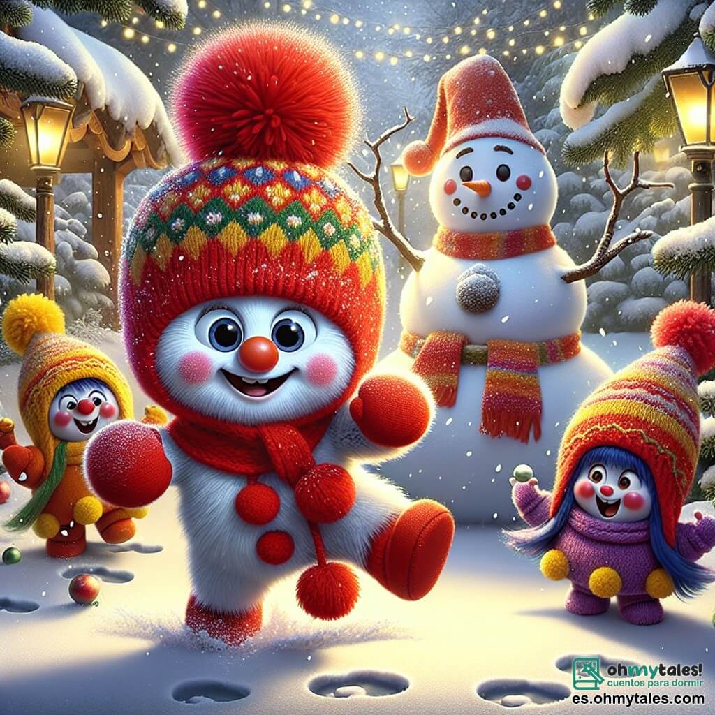 Gori, un gorro de lana rojo brillante con pompones, sonríe alegremente mientras danza en un jardín nevado, rodeado de copos de nieve que caen suavemente. Sus ojos brillan de emoción y su sonrisa irradia felicidad. A su lado, Griselda y Guille, dos guantes de lana de colores vivos, ríen lanzando bolas de nieve, moviendo los dedos con entusiasmo. Griselda tiene un rostro redondo y alegre, mientras que Guille, con su expresión traviesa, parece listo para hacer una broma. El jardín es un lugar mágico, decorado con luces brillantes y un gran muñeco de nieve sonriente, Nieve, que se erige orgullosamente en el centro, con una zanahoria como nariz y brazos de ramas. Los árboles están cubiertos de una gruesa capa de nieve, y huellas de pasos llevan a una mesa llena de galletas de jengibre. La escena muestra a Gori y sus amigos en plena fiesta invernal, riendo y jugando en la nieve, celebrando la amistad y la magia de la temporada con risas y sonrisas radiantes.