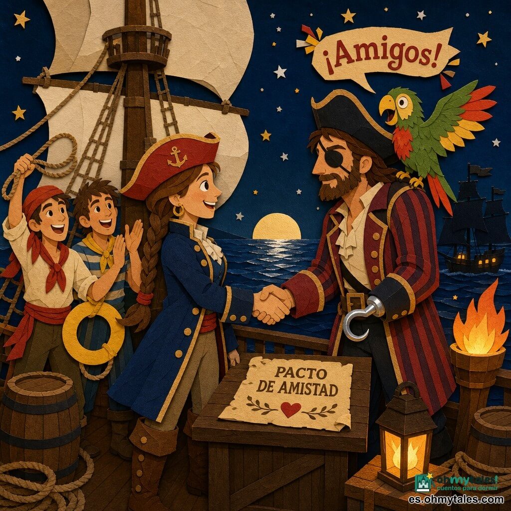 La capitana Marisol, mujer sonriente y valiente con trenzas, sombrero rojo de capitán, abrigo azul marino y botas de cuero, extiende la mano para sellar un pacto; el capitán Garfio, hombre de aspecto severo suavizado, con barba corta, parche en el ojo, chaqueta a rayas y garfio brillante, le estrecha la mano en cubierta; Roco, loro pequeño verde y rojo en el hombro de Garfio con alas medio abiertas grita ¡Amigos!; al fondo a la izquierda dos marineros jóvenes, uno con larga bufanda roja lanzando cabos y otro con un salvavidas amarillo aplaudiendo; lugar: cubierta de madera de un gran tres palos iluminada por una antorcha y una linterna, con cabos, toneles y el palo con velas blancas; fondo: mar negro brillante bajo cielo estrellado, luna baja y la silueta de otro barco aliado a estribor, pequeñas estrellas como confeti; escena principal: firma de un pacto de amistad al anochecer, ambiente cálido y festivo, colores contrastados (azul noche, rojo, amarillo), formas simples, textura de papel y siluetas nítidas y expresivas.
