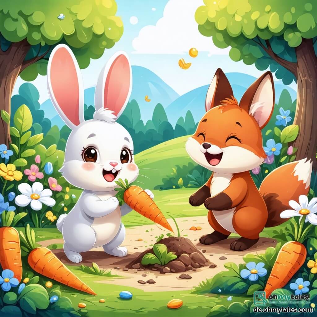 Ein kleiner Hase mit großen Ohren und weichem, seidig glänzendem Fell, dessen Augen vor Neugier funkeln, hüpft fröhlich in einem bunten Garten, umgeben von leuchtenden Karotten und strahlenden Blumen. Neben ihm gräbt ein Maulwurf mit braunem Fell und kleinen Pfoten, der schelmisch lächelt, begeistert den Boden auf der Suche nach versteckten Schätzen. Weiter weg nähert sich ein lebhaft rötlicher Fuchs, mit einem schelmischen Blick, der eine Karotte auf der Nase balanciert und über die Situation lacht. Der Garten ist in goldenes Licht getaucht, mit Bäumen, die üppig grüne Blätter tragen, und einem blauen Himmel, der mit flauschigen weißen Wolken gesprenkelt ist. In dieser Szene entdecken der kleine Hase und seine Freunde mit Staunen, dass die Karotten, nach denen sie gesucht haben, tatsächlich im Garten versteckt sind, und sie bereiten sich darauf vor, ihren Fund mit einem großen, fröhlichen Fest zu feiern.