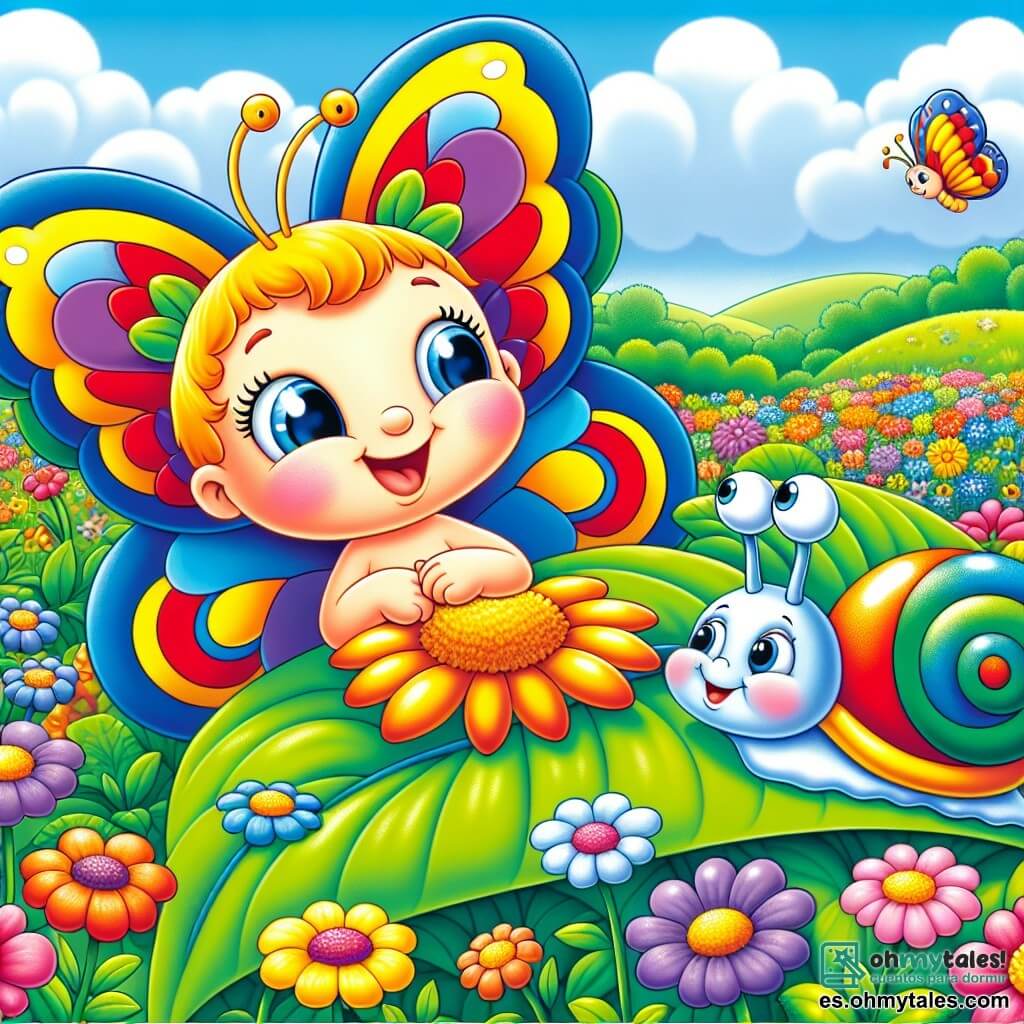 Una pequeña mariposa llamada Lili, con alas de colores rojo, amarillo y azul, vuela alegremente sobre un campo de flores brillantes, su rostro radiante de felicidad. Junto a ella, un caracol llamado Tito, con una concha brillante y una sonrisa dulce, avanza lentamente sobre una gran hoja verde, admirando las flores a su alrededor. El lugar es un magnífico campo primaveral, lleno de flores de colores vivos, bajo un cielo azul claro salpicado de nubes blancas y esponjosas. La escena principal muestra a Lili y Tito buscando tesoros en el campo, rodeados de la belleza de la naturaleza, compartiendo risas y momentos de alegría.