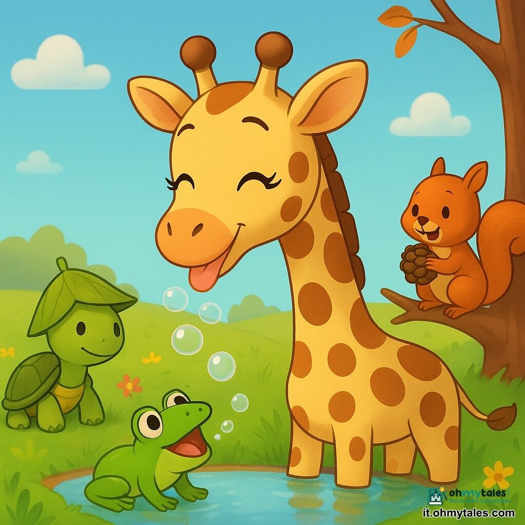 Una giraffa gioiosa e maliziosa, con grandi macchie marroni e crema e lunghe ciglia, china il collo per bere da una piccola pozza scintillante sorridendo con lingua rosa che spruzza un filo d’acqua; a sinistra una piccola tartaruga tranquilla con un cappello di foglia osserva la pozza con le zampe sul bordo dell’erba; in primo piano una rana verde salta soffiando bolle traslucide verso il naso della giraffa; a destra uno scoiattolo rosso vivo con una grossa pigna è su un ramo basso e ride; il tutto in un prato soleggiato con erba corta, fiori colorati, qualche foglia che cade e un cielo azzurro con nuvole soffici, amici animali riuniti intorno alla pozza che ridono insieme in un’atmosfera giocosa e tenera.