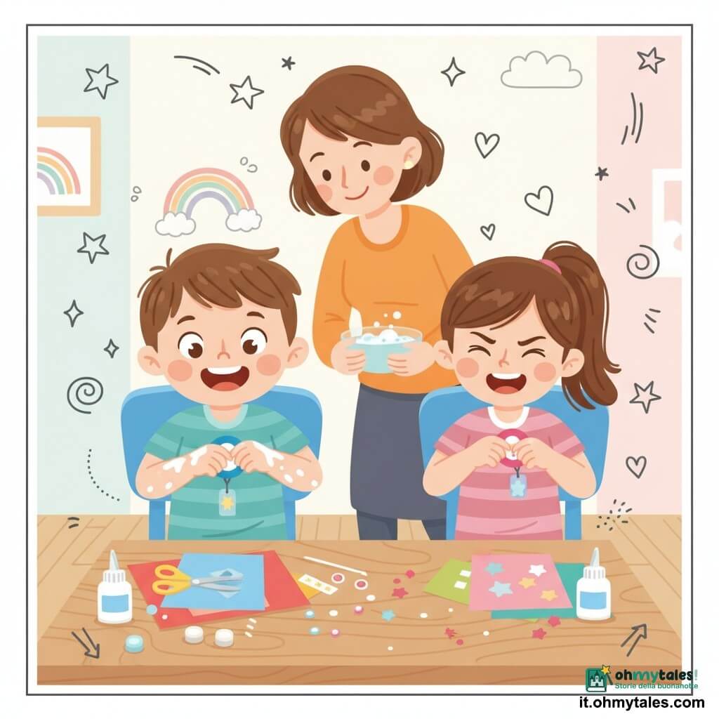 Bambino di 4 anni, viso rotondo, capelli castani corti, occhi brillanti e grande sorriso sorpresa, seduto su una sedia blu mentre incolla stelline su un distintivo blu con le mani un po' appiccicate dalla colla bianca; la sorella di circa 7 anni, capelli castani lunghi raccolti in coda, inizialmente concentrata poi ridens, tiene un distintivo rosa e ha le dita momentaneamente attaccate, a destra del bambino; la mamma dai capelli corti e sorriso dolce è in piedi dietro di loro con una ciotola d'acqua saponata pronta ad aiutare, leggermente inclinata verso il tavolo basso di legno chiaro coperto di carte colorate, forbici gialle a punte arrotondate, vasetti di colla, adesivi brillanti e qualche glitter; atmosfera calda e luminosa, pareti pastello con un arcobaleno e doodle di stelle e cuori; scena: attività creativa e divertente per fare distintivi con un piccolo incidente di colla e dita incollate, espressioni gioiose e colori vivaci.