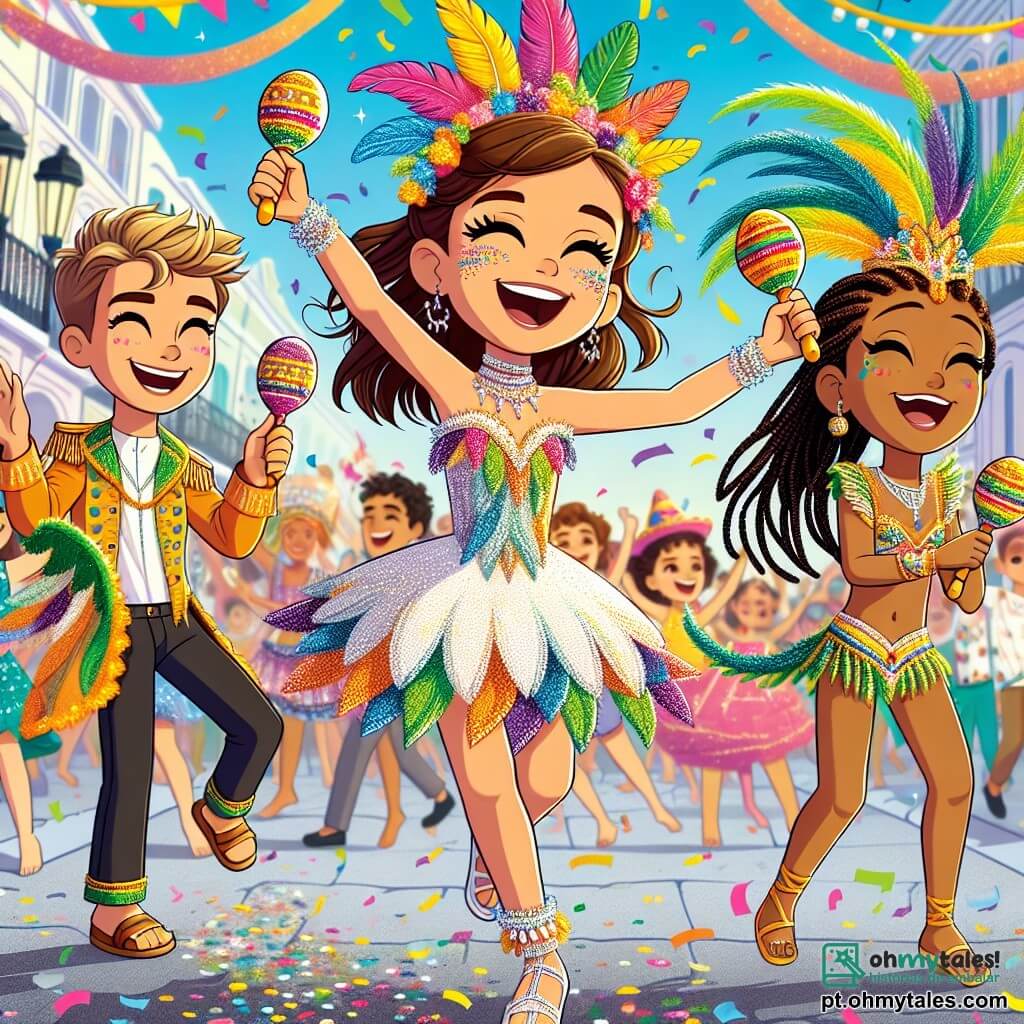 Clara, uma menina de 10 anos, está no centro da imagem, radiante e cheia de energia, vestindo um traje de carnaval brilhante feito de penas coloridas e lantejoulas cintilantes. Seus cabelos castanhos estão adornados com flores vibrantes, e ela dança com um grande sorriso, os braços levantados para o céu, expressando uma alegria contagiante. Ao seu lado, Lucas, um menino de 10 anos com cabelos loiros e olhos brilhantes, veste um traje de papel machê em forma de dragão. Ele ri enquanto agita maracas, um pouco atrás, admirando a dança de Clara. Bea, uma menina de 9 anos com tranças e um vestido feito de confetes, está jogando brilhos no ar, criando uma chuva de cores ao redor deles. A cena ocorre na rua principal da cidade, decorada com luzes e balões coloridos, onde grupos de pessoas dançam e cantam, cercados por flores e decorações festivas. O céu é de um azul vibrante, e o sol brilha, adicionando um toque mágico à atmosfera alegre. A situação principal mostra Clara, Lucas e Bea dançando animadamente, celebrando o carnaval com entusiasmo, cercados de cores vibrantes e risadas, incorporando o espírito da festa e da amizade.