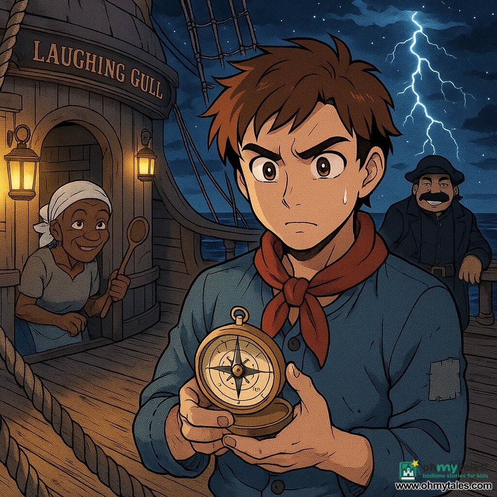 Man: Milo Drake, about 30, focused curious expression, furrowed brows, holding an open brass compass to his chest; worn blue-gray sailor clothes, red scarf, short wind-tousled chestnut hair. Secondary man: Captain Brine, about 45, broad and portly, bushy mustache, smirking, standing behind Milo on the wooden deck with one hand on the rail, long black coat billowing. Secondary woman: Old Nessa, about 60, wrinkled skin and mischievous eyes, holding a wooden ladle near the ship's galley to the left, watching Milo amusedly. Location: wooden deck of the old ship Laughing Gull, grooved planks, thick rigging and masts, yellow lanterns swinging, starry night sky with storm clouds and distant lightning. Main scene: Milo centered on deck, compass needle spinning oddly, warm lantern glow mixed with blue storm reflections, atmosphere of adventure and mystery, dark waves lapping the hull.