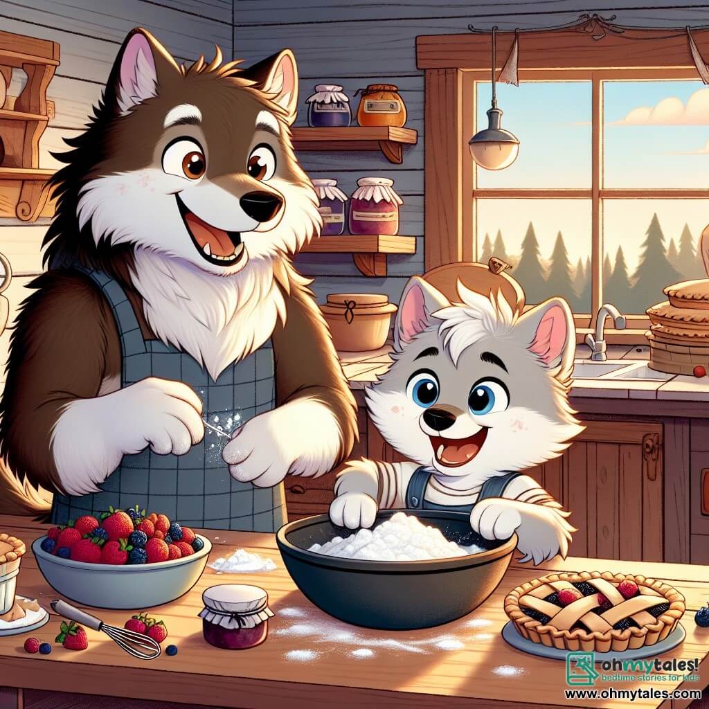 A little wolf named Wally, with soft, fluffy light gray fur and sparkling joyful eyes, is preparing a Father's Day celebration in his kitchen. He has a big smile on his face, his ears perked up with excitement, and he is covered in flour, making him even more adorable. Next to him, his dad, a tall and strong wolf with dark brown fur, watches his son with pride, a warm smile lighting up his face. He holds a plate of delicious berry pies, ready to enjoy them together. The kitchen is warm and inviting, with rustic wooden walls, shelves filled with colorful jars of jam, and a window letting in the golden light of the setting sun. The main scene shows Wally, full of enthusiasm, mixing juicy berries in a large bowl, while his dad admires his work, creating an atmosphere of happiness and family bonding.