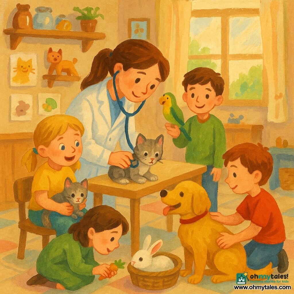 A smiling young female veterinarian with chestnut hair in a ponytail, wearing a slightly wrinkled white coat and a blue stethoscope, leans over to examine a kitten on a low table; a ~7-year-old girl (Emma) with blonde pigtails sits to the left, holding the kitten on her lap and watching in wonder; a ~6-year-old boy (Jake) in a red T‑shirt kneels to the right, petting a wagging golden retriever resting its head on his knees; a ~9-year-old boy (Tom) with brown hair stands behind the table, smiling as a green-and-yellow parrot perches near his hand; an ~8-year-old girl (Sophie) in a green dress crouches by a white rabbit in a wicker basket offering a carrot; the warm clinic has child drawings on the walls, a large window with soft light, pastel tiled floor, wooden shelves with jars and pet toys, and an animal health poster; the intimate, centered scene shows the vet gently examining the kitten while the children and their pets look on tenderly, soft colors and visible gouache textures.
