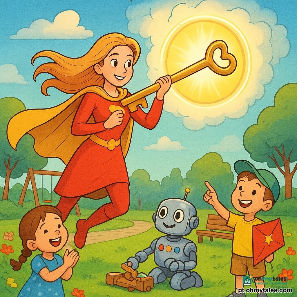 Uma super-heroína sorridente e determinada de cabelos longos dourados fecha um portal circular brilhante nas nuvens com uma grande chave dourada; um pequeno robô prateado repara um brinquedo na relva enquanto duas crianças (uma menina de ~6 com tranças e vestido azul, um menino de ~5 com boné verde e pipa) observam maravilhadas num parque ensolarado ao fim da tarde, atmosfera calorosa, cores vivas e formas suaves.