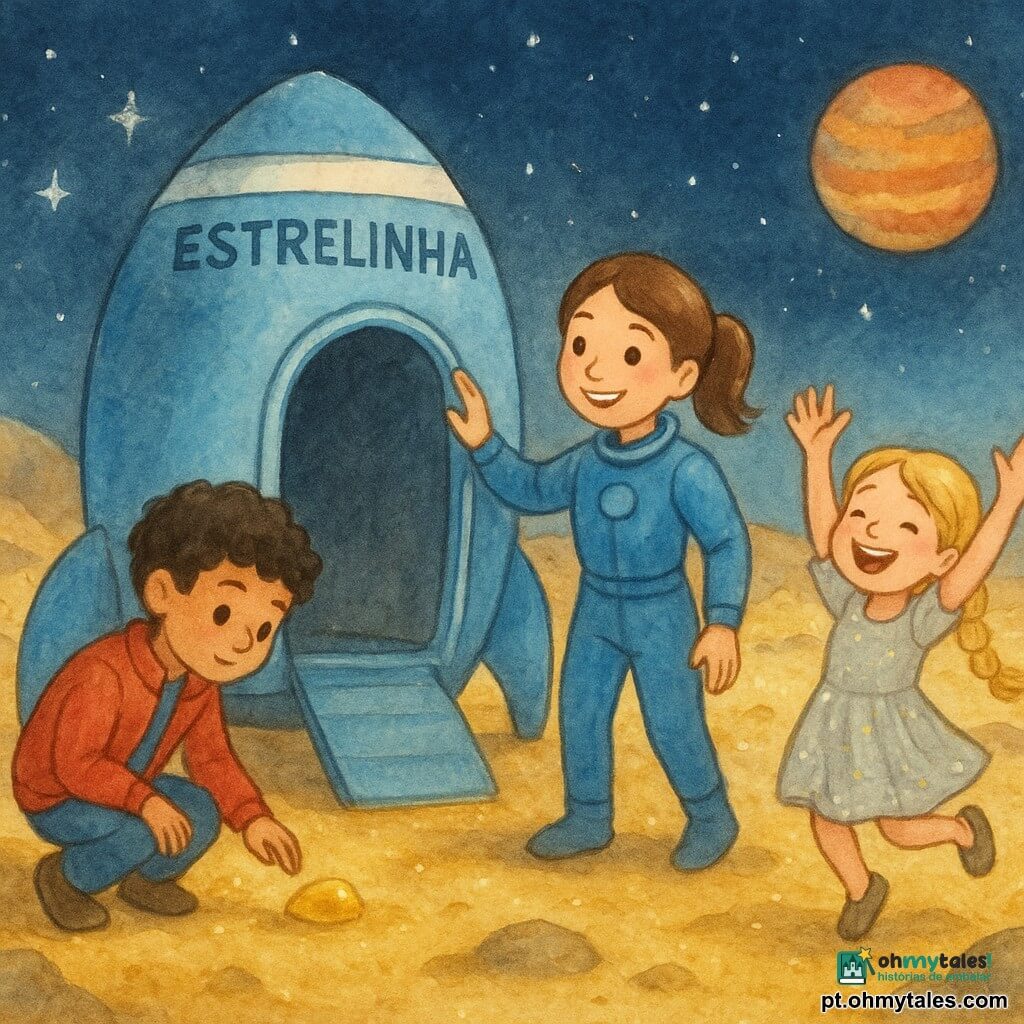 Clara, exploradora sorridente de cabelos castanhos presos em rabo de cavalo, veste um traje espacial azul brilhante e apoia a mão na porta aberta da sua pequena nave Estrelinha; João, um garoto de cerca de 8 anos, cabelos pretos encaracolados e jaqueta vermelha, observa uma pequena pedra dourada no chão, ligeiramente à esquerda de Clara; Ana, menina de cerca de 7 anos com cabelos loiros em tranças e vestido leve brilhante, pula de alegria à direita da nave com as mãos erguidas; local: praia lunar Lune Dourada, solo coberto de poeira dourada cintilante, pequenas colinas brilhantes, rochas com reflexos metálicos e um céu profundo com estrelas e um grande planeta colorido no horizonte; situação: os três acabaram de pousar, a nave azul repousa suavemente, Clara convida os amigos a explorar a superfície dourada, luz suave, cores quentes, atmosfera alegre e segura, estilo aquarela com contornos desfocados e textura granulada.