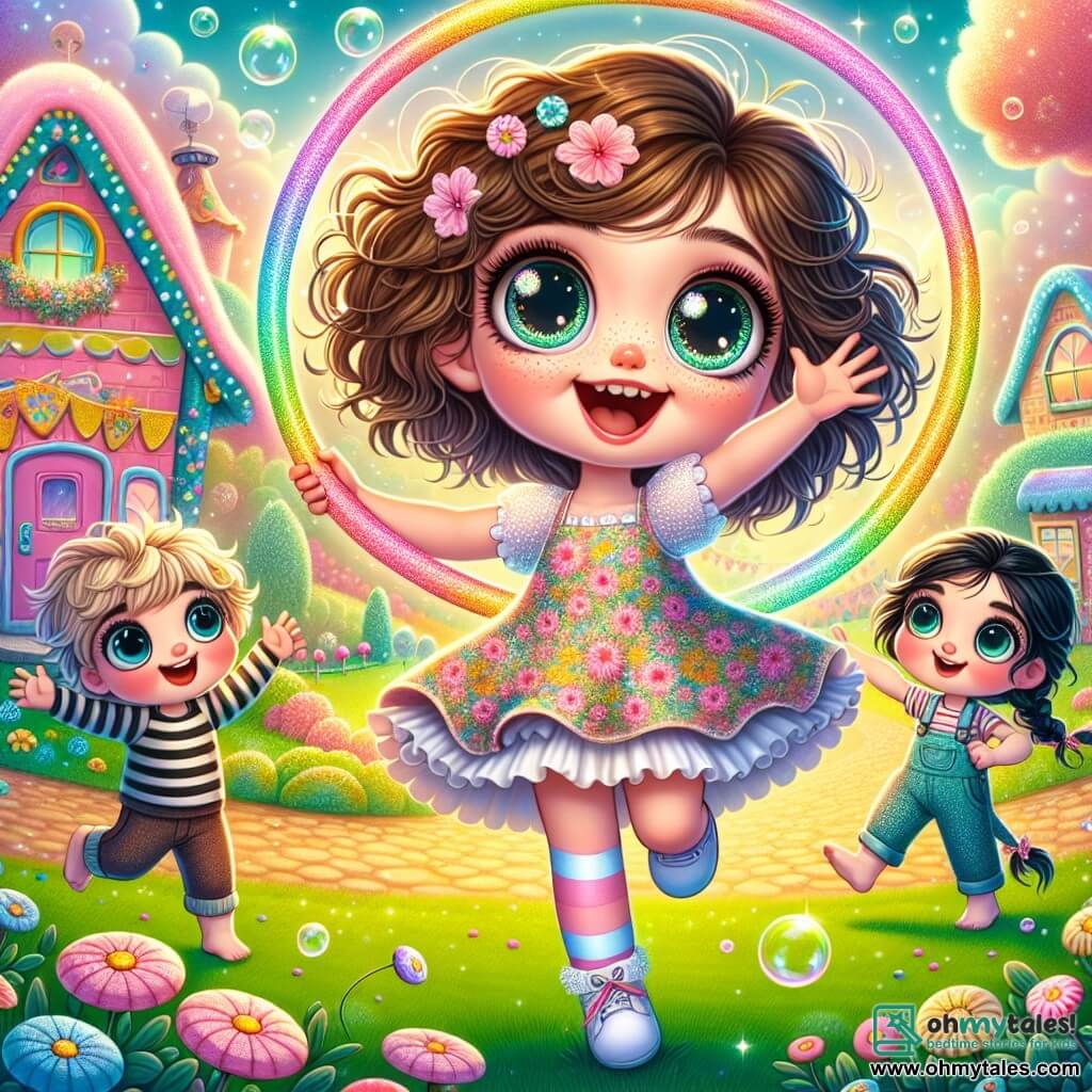 An 8-year-old girl named Lily stands at the center of the scene, with sparkling joyful eyes and curly brown hair cascading over her shoulders. She wears a colorful floral-patterned dress and has a big smile on her face as she holds up a huge hula-hoop, ready to create a giant bubble. Next to her, her 7-year-old friend Max, with messy blonde hair and a striped t-shirt, encourages her with raised arms, his eyes shining with excitement. A little further away, a 6-year-old girl named Emma, with braided black hair and wearing overalls, watches in wonder, holding a small soap bubble in her hand. The scene takes place in a colorful village with candy-colored houses in pastel shades, trees with shimmering leaves, and a blue sky dotted with fluffy clouds. The ground is covered in soft green grass, sprinkled with vibrant flowers that add to the magic of the environment. Focused and full of energy, Lily spins the hoop above her head, creating a giant bubble that majestically rises into the sky, while the spectators around her hold their breath, amazed by the beauty of the moment.