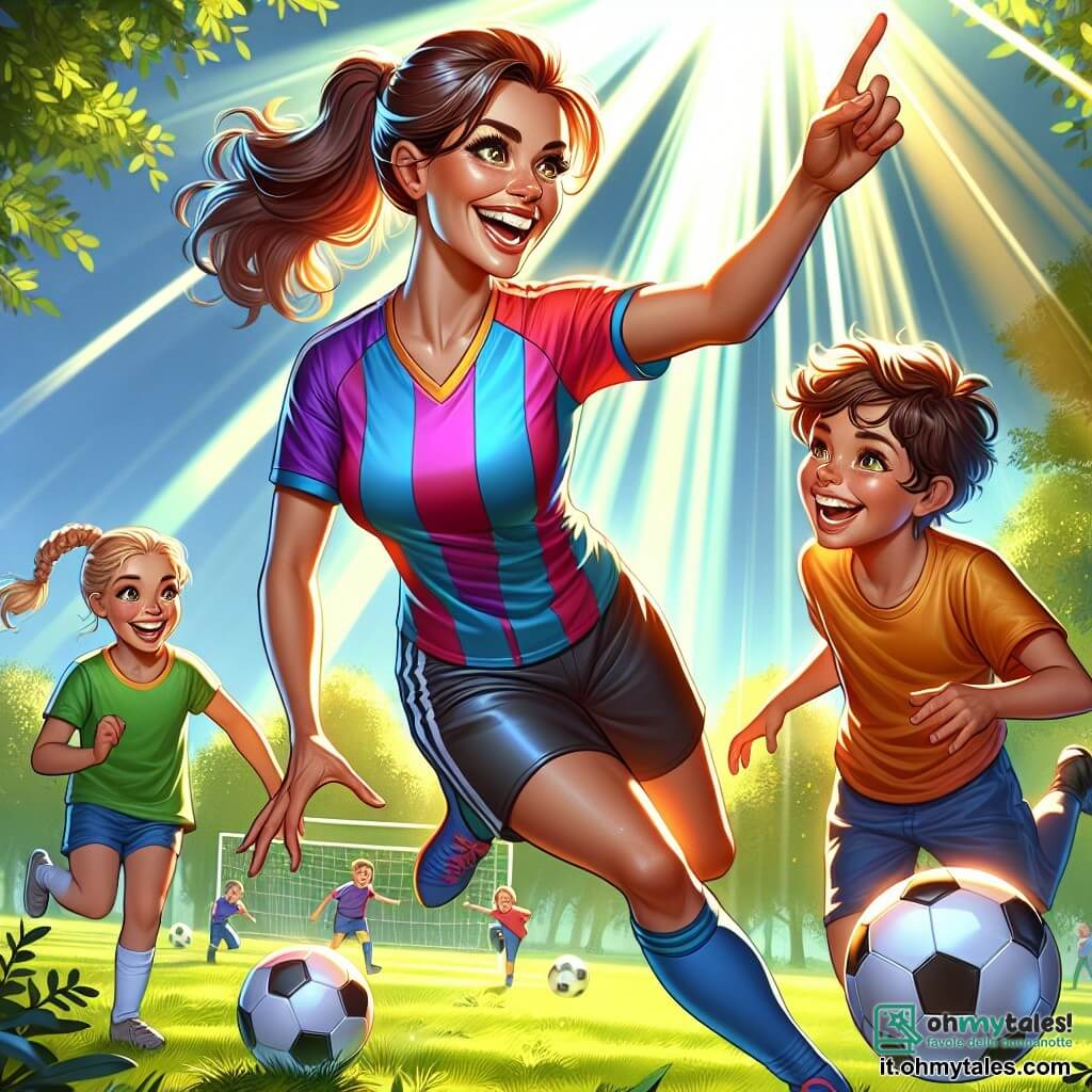Giulia, una donna atletica con i capelli castani raccolti in una coda di cavallo, sorride gioiosamente mentre mostra ai bambini come dribblare un pallone da calcio. Indossa una maglietta colorata e pantaloni corti, e il suo sguardo è pieno di passione ed entusiasmo. Marco, un ragazzo di 8 anni con i capelli ricci e un grande sorriso, cerca di imitare Giulia, ma la palla gli sfugge e rotola verso un cespuglio. Sofia, una ragazza di 7 anni con i capelli biondi e trecce, applaude Marco mentre tiene un pallone da calcio sotto il braccio, pronta a giocare. La scena si svolge in un parco soleggiato, con grandi alberi verdi sullo sfondo e un campo di erba dove i bambini si divertono. I raggi di sole filtrano tra le foglie, creando un'atmosfera gioiosa e vivace. La situazione principale mostra Giulia che insegna ai bambini le basi del calcio, incoraggiandoli a divertirsi mentre imparano, con risate e sorrisi che illuminano i loro volti.