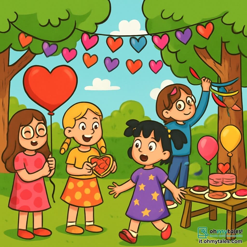 Ci sono 4 personaggi: Sofia, una ragazza di 9 anni con lunghi capelli castani e occhiali rotondi, indossa un vestito rosa con cuori e tiene un grande pallone a forma di cuore; Marta, una ragazza di 9 anni con capelli biondi e trecce, indossa una maglietta gialla e una gonna a pois, sorridendo con una scatola di biscotti a forma di cuore; Giulia, una ragazza di 9 anni con capelli castani e occhiali da sole in testa, indossa un maglione blu e jeans, sta decorando un albero con nastri colorati; Elisa, una ragazza di 9 anni con capelli neri e codini, arriva al parco con gli occhi spalancati, indossando un vestito viola con stelle. L'ambientazione è un parco soleggiato con alberi alti e foglie verdi brillanti, decorato con festoni di cuori colorati e tavoli pieni di dolci come torte e biscotti a forma di cuore. L'atmosfera è festosa e gioiosa. Le quattro amiche stanno celebrando la festa di San Valentino, accogliendo Elisa con sorrisi e mostrando la sorpresa che hanno preparato: una festa piena di decorazioni colorate, dolci e risate.