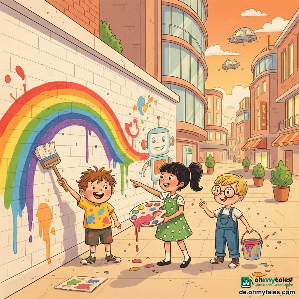 Drei Kinder: Leo, 5, rundes Gesicht, zerzaustes braunes Haar, gelbes mit Farbe beflecktes T‑Shirt, links und malt mit großem Pinsel einen breiten Regenbogen; Max, 5, kurze blonde Haare, runde Brille, blaue Latzhose, rechts und zeichnet einen fröhlichen Roboter in kräftigen Farben; Mia, 6, schwarzes Pferdeschwanzhaar, grünes gepunktetes Kleid, in der Mitte mit einem Eimer rosa Farbe und zeigt die Farbpalette. Ort: große helle Ziegelmauer auf dem Platz der Innenstadt, von goldenem Abendlicht beleuchtet, umgeben von futuristischen Glasfassaden, sauberen Gehwegen, leuchtenden Topfpflanzen und einigen schwebenden Autos im Hintergrund. Situation: die drei malen fröhlich eine bunte Freske mit leuchtenden Farbspritzern und Tropfen, warme, partizipative Stimmung, leicht vogelperspektivische Ansicht mit orangefarbenem Himmel.