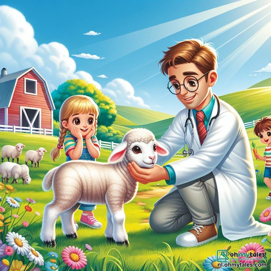 Een glimlachende en zorgzame mannelijke dierenarts, Daan, knielt in een groen weiland, draagt een witte labjas en een stethoscoop om zijn nek. Hij heeft bruin haar en ronde bril en onderzoekt aandachtig een lief lammetje met grote nieuwsgierige ogen dat voor hem staat. In de buurt kijkt een meisje van ongeveer 7 jaar, Emma, met gevlochten blond haar en een kleurrijke jurk, verwonderd toe met haar handen op haar wangen, terwijl een 8-jarige jongen, Sam, met kastanjebruin haar en een gestreept t-shirt, een wortel vasthoudt die hij aan het schaap wil geven. De locatie is een charmant boerderijweiland, met groene heuvels op de achtergrond, kleurrijke bloemen verspreid over het gras en een oude rode schuur ernaast, onder een blauwe lucht met witte wolken en stralende zon. De hoofdscène toont Daan die voor het lammetje zorgt, zachtjes met hem praat om hem gerust te stellen, terwijl Emma en Sam gefascineerd toekijken, klaar om te helpen en te leren over dierenverzorging.