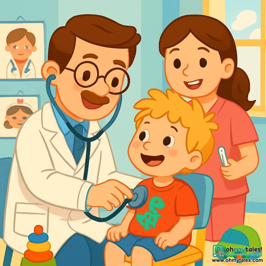 A smiling and kind man, Dr. Ben, wearing a white coat and a stethoscope around his neck, has brown hair and round glasses. He is listening to the heart of a joyful 6-year-old boy with messy blonde hair, who is wearing a red t-shirt with a dinosaur. The boy is sitting on a colorful chair, his eyes shining with excitement. The scene takes place in a bright and welcoming clinic with pastel blue walls and cartoon doctor posters. Colorful toys are scattered on the floor, and a large window lets in sunlight. Dr. Ben carefully examines the boy while a smiling nurse, about 30 years old with brown hair in a pink uniform, stands beside them holding a thermometer. The main situation shows Dr. Ben reassuring the boy, explaining that the health check is fun and important.