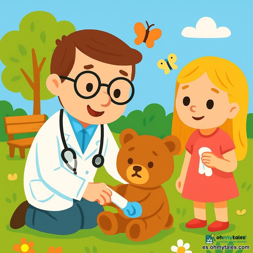 Un hombre, el doctor Paco, sonriente y bondadoso, lleva una bata blanca brillante y un estetoscopio alrededor del cuello. Tiene cabello castaño y gafas redondas que le dan un aire amistoso. Está agachado, cuidando de un pequeño oso de peluche, Tomás, que parece triste con un vendaje azul alrededor de su pata. A su lado, una niña pequeña, Ana, de 6 años, con cabello largo rubio y un vestido rosa, observa con curiosidad. Ella está de pie, con un pañuelo en la mano, y parece interesada en lo que hace el doctor. La escena tiene lugar en un parque soleado, lleno de flores coloridas y árboles verdes. Mariposas vuelan alrededor, y un banco de madera está cerca, añadiendo un toque cálido al entorno. El doctor Paco cuida a Tomás con ternura, colocándole un vendaje mientras le explica a Ana cómo cuidar de sus amigos. La atmósfera es alegre y llena de ternura.