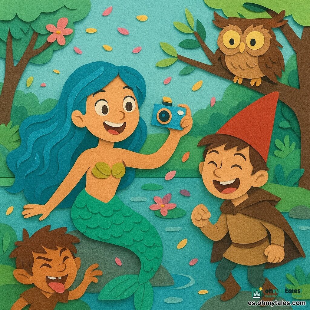La sirena Miranda aparece alegre y maravillada con cabello azul ondulado, sosteniendo una pequeña cámara mágica sobre la laguna; el duende Lucas (≈8 años), travieso, con pelo alborotado y incipiente barba pelirroja, hace una mueca y salta sobre una piedra mientras pétalos coloridos giran a su alrededor; el gnomo Tomás (≈10 años) con capa marrón y gorra roja ríe y se inclina hacia la cámara delante de Miranda; la lechuza Óscar está posada en una rama baja con ojos redondos y plumas despeinadas; la laguna clara, espejo, rodeada de troncos musgosos, nenúfares, lianas floridas y piedras con musgo, con una lluvia suave de pétalos rosas, amarillos y violetas sobre el agua; escena principal: el grupo hace un selfie improvisado en la orilla, la foto sale borrosa y graciosa, estilo papel recortado, colores vivos, texturas de papel, sombras nítidas y contornos pegados.
