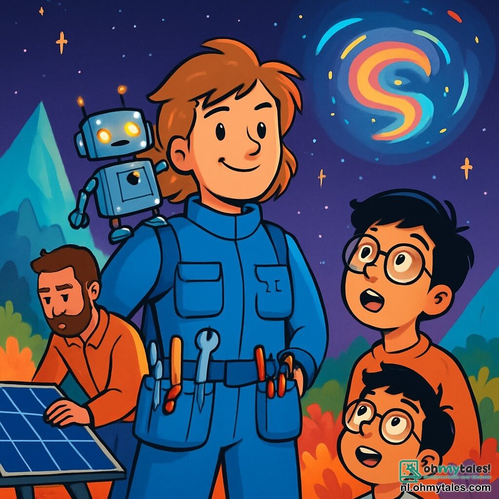 Een vrouw, Dr. Fenna van Dalen, staat in het midden van de afbeelding, met rommelig lichtbruin haar en een vastberaden glimlach. Ze draagt een blauwe ruimtepak met overvolle zakken vol gereedschap en houdt een klein robotje genaamd Pico op haar schouder, dat schittert met felle lichten. Aan haar rechterkant kijkt een jongen genaamd Jun, ongeveer 12 jaar oud met zwart haar en een bril, verwonderd naar een lichtanomalie in de lucht, zijn ogen vol nieuwsgierigheid. Links past Malik, een man van rond de dertig met een verzorgde baard, zonnepanelen aan, gefocust op zijn taak. De achtergrond toont een buitenaardse planeet met fonkelende kristalmountains en levendige bossen, onder een sterrenhemel waar een lichtanomalie draait en felle kleuren uitstraalt. De scène straalt een gevoel van avontuur en ontdekking uit terwijl het team samenwerkt om het mysterieuze fenomeen om hen heen te begrijpen.