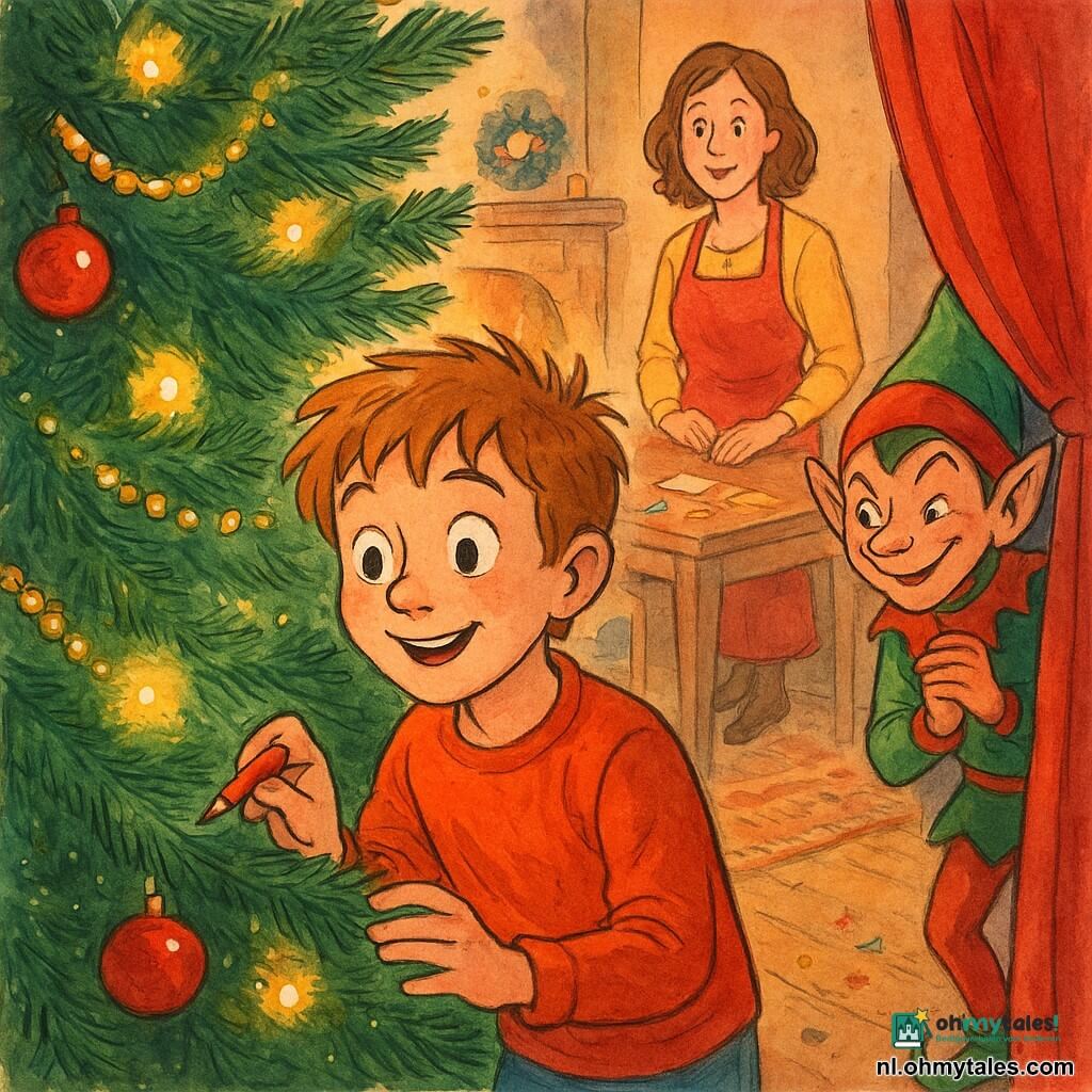 Een 10-jarige jongen met lichtbruin warrig haar en grote verwonderde ogen, glimlachend en licht verbaasd, houdt een klein rood potlood in de ene hand en beweegt met de andere de takken van een kerstboom; een ondeugende elf in groen-rood kostuum met puntmuts en guitige blik lacht verscholen achter een gordijn; op de achtergrond staat de moeder van ongeveer 35 jaar in een rood schort bij de eettafel, liefdevol en verrast kijkend; warme kersthuiskamer met tapijt, brandende open haard, dicht versierde kerstboom met gouden slingers en lichtjes, en verspreid papier en glitters; hoofdmoment: de jongen ontdekt dat zijn potlood met een glinsterende lint aan de boom vastzit terwijl het elfje giechelt — speelse, lichte en magische sfeer.
