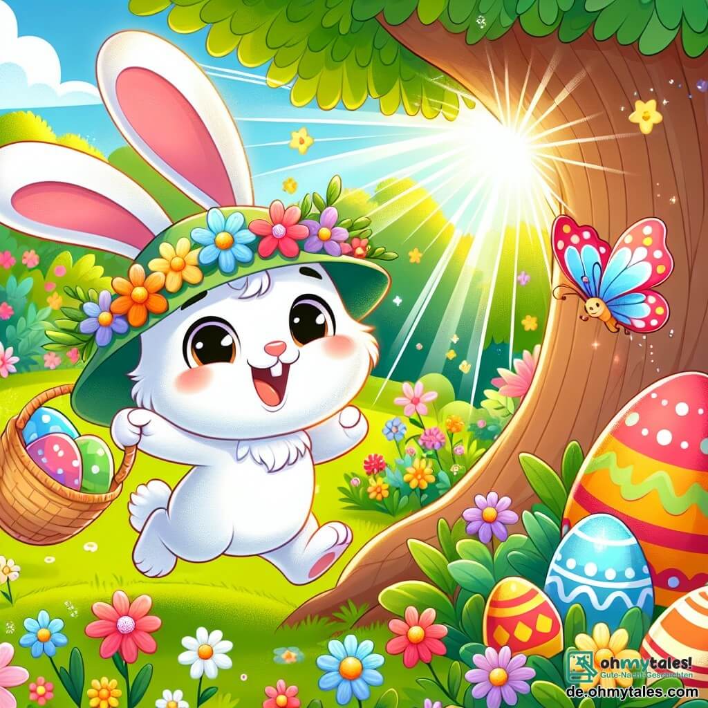 Ein kleiner Hase namens Hoppel mit weichem, weißem Fell, großen, hängenden Ohren und strahlenden Augen springt begeistert neben einem großen Baum. Er trägt einen bunten Hut mit Blumen und hält einen Korb voller bunter Ostereier. Neben ihm fliegt ein kleiner Schmetterling mit glänzenden, bunten Flügeln fröhlich umher und verleiht der Szene einen Hauch von Magie. Der Garten ist voller strahlender Blumen, üppigem Grün und Sonnenstrahlen, die alles erhellen und eine festliche, fröhliche Atmosphäre schaffen. Hoppel entdeckt ein riesiges rotes Ei, das hinter dem Baumstamm versteckt ist, umgeben von kleinen Eiern, die um ihn herumrollen, während er lächelnd staunt.