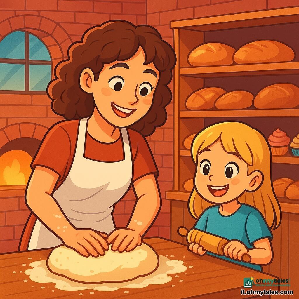 Una donna sorridente, di circa trent'anni, con capelli castani ricci e un grembiule bianco, sta impastando la pasta in una panetteria accogliente. I suoi occhi brillano di gioia ed eccitazione mentre lavora con passione, le sue mani infarinati si muovono in un ritmo vivace. Accanto a lei, una bambina di sei anni, con capelli biondi e occhi scintillanti, osserva con meraviglia. Tiene un piccolo matterello, pronta ad aiutare la mamma, e il suo viso è illuminato da un grande sorriso. La panetteria è un luogo accogliente, con muri in mattoni rossi, scaffali in legno pieni di pani dorati e dolci colorati, e una luce morbida che filtra attraverso le grandi finestre. La scena mostra la donna e sua figlia che condividono un momento di complicità, circondate dal profumo del pane fresco che cuoce nel forno, simboleggiando l'amore e la gioia di creare insieme.