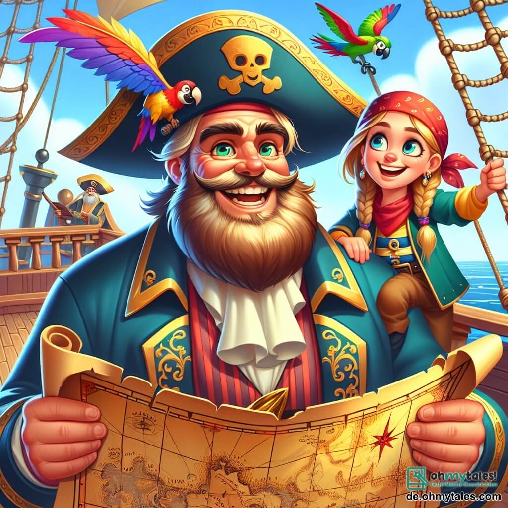 Der Hauptcharakter, Kapitän Klaus, ist ein fröhlicher Mann in den Vierzigern mit einem großen braunen Bart und einem breiten Lächeln. Er trägt einen großen Piratenhut mit einer bunten Feder und einen blauen Mantel mit goldenen Stickereien. Er hält eine alte Schatzkarte in der Hand, seine Augen leuchten vor Aufregung, während er auf dem Deck seines Schiffs steht. Neben ihm steht die kleine Piratin Leni, ein etwa 10-jähriges Mädchen mit langen, geflochtenen blonden Haaren und einem roten Bandana. Sie schaut mit Staunen auf die Karte, die Hände in die Hüften gestützt, voller Energie und Neugier. Ihr Freund, Piko, der bunte Papagei, sitzt auf Klaus' Schulter, seine leuchtend grünen und roten Federn heben sich vom blauen Himmel ab. Er zwitschert fröhlich und bringt eine fröhliche Note in die Szene. Der Ort ist das Deck des Schiffs "Aventurelust", mit bunten Segeln, die im Wind wehen, und glitzernden Wellen unter der Sonne. Im Hintergrund ist eine geheimnisvolle Insel mit Palmen und Bergen zu sehen. Die Hauptsituation zeigt Klaus und seine Freunde, die die Schatzkarte entdecken, bereit für das Abenteuer, umgeben von einer Atmosphäre aus Magie und Geheimnis, mit leuchtenden Sternen am Himmel und Möwen, die über ihnen fliegen.