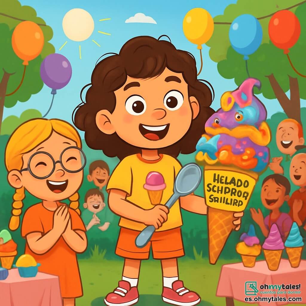 Una niña de 8 años, Clara, con cabello castaño rizado y ojos llenos de curiosidad, se encuentra en el centro de una escena vibrante. Lleva una camiseta amarilla con un dibujo de helado y zapatillas rosas, mostrando una gran sonrisa de emoción y determinación. A su lado, su mejor amiga, Marta, también de 8 años, con cabello rubio trenzado y gafas redondas, aplaude con entusiasmo, sus ojos brillan de apoyo. El concurso se lleva a cabo en un parque soleado, decorado con globos coloridos y mesas llenas de helados de colores vivos. Niños y adultos ríen y se maravillan a su alrededor, creando una atmósfera alegre y festiva. Clara se prepara para probar un enorme cono de "helado sorpresa del chef", un extraño mezcla de colores y texturas, con trozos de caramelo y frutas. Toma una gran cuchara, lista para el desafío, mientras el público contiene la respiración, impaciente por ver su reacción.