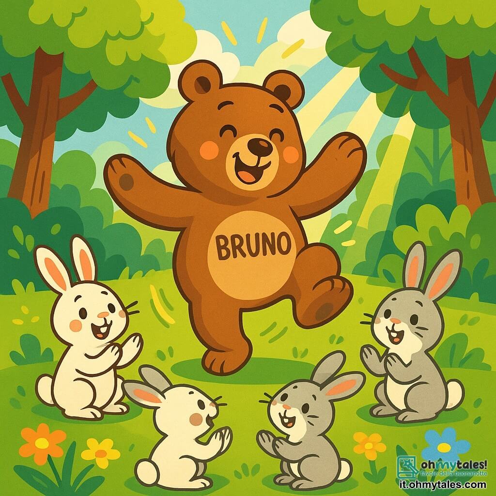 Un orso di peluche di nome Bruno, con un morbido pelaggio marrone e occhi brillanti di gioia, danza felicemente in una radura soleggiata. Ha un grande sorriso sul viso e le zampe sollevate in un movimento di danza. Intorno a lui, una famiglia di coniglietti dai pelaggi bianchi e grigi, con lunghe orecchie e occhi curiosi, lo osserva con meraviglia. I conigli, seduti sull'erba verde, applaudono e sorridono, affascinati dalla performance di Bruno. La scena si svolge in una foresta incantata, con alberi maestosi dalle foglie verdi, fiori colorati sparsi sul terreno e raggi di sole che filtrano tra i rami, creando un'atmosfera magica. Bruno, l'orso, danza con entusiasmo, circondato dai suoi amici animali, celebrando la gioia e l'amicizia in un'atmosfera festosa e calorosa.