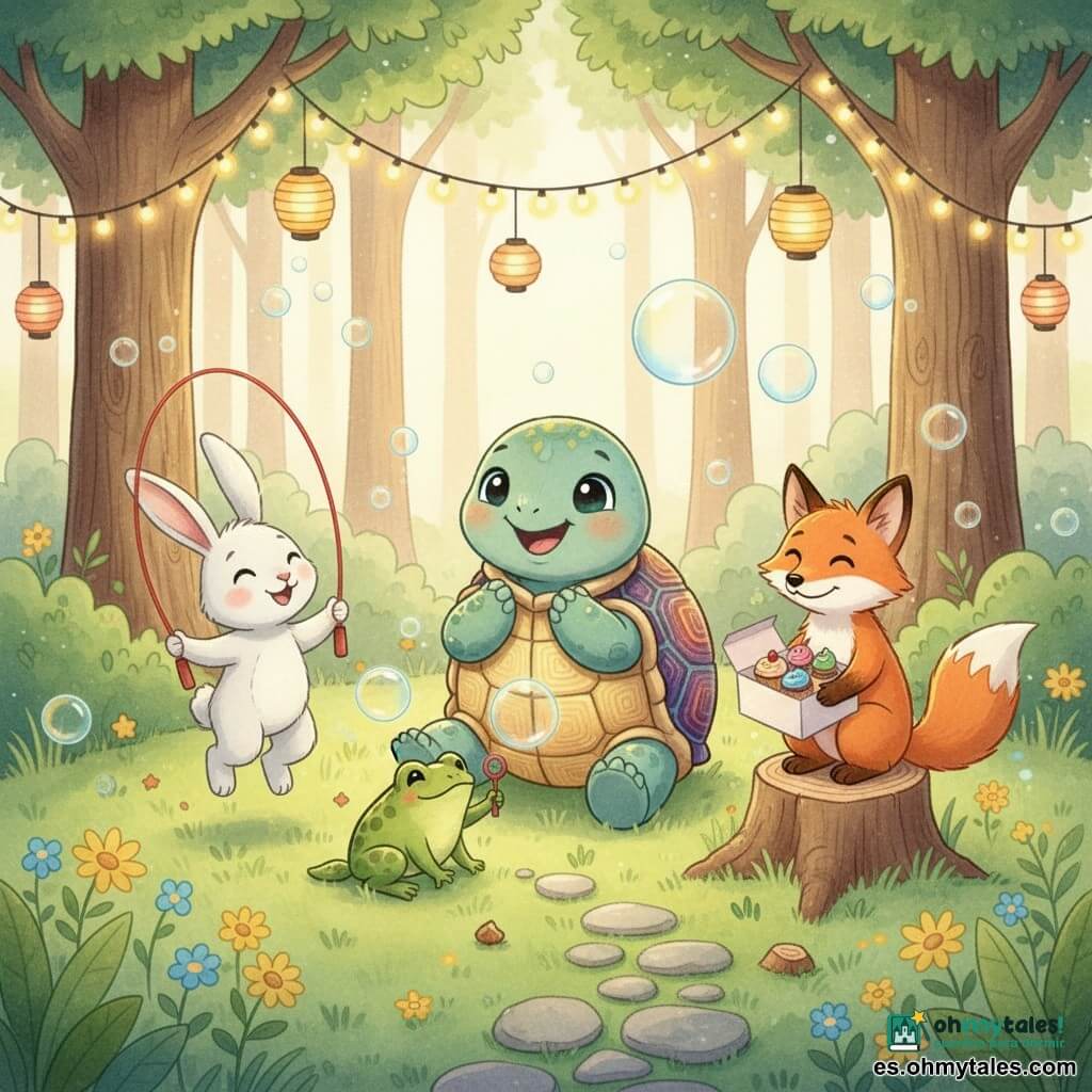 Una tortuga llamada Tula, alegre y sonriente con caparazón brillante de motivos coloridos, sentada aplaudiendo; un conejo blanco llamado Rizo, entusiasmado con largas orejas, sujetando una cuerda para saltar roja a la izquierda; una rana verde llamada Rita, traviesa, soplando grandes burbujas con una varita delante; un zorro pelirrojo llamado Zacarías, contento, sentado en un tocón a la derecha con una caja abierta de pequeños pasteles; todo en un claro soleado del bosque con césped y flores, guirnaldas y farolillos colgando y un sendero de piedras, celebrando una fiesta alegre con risas, burbujas flotantes y migas de pastel.