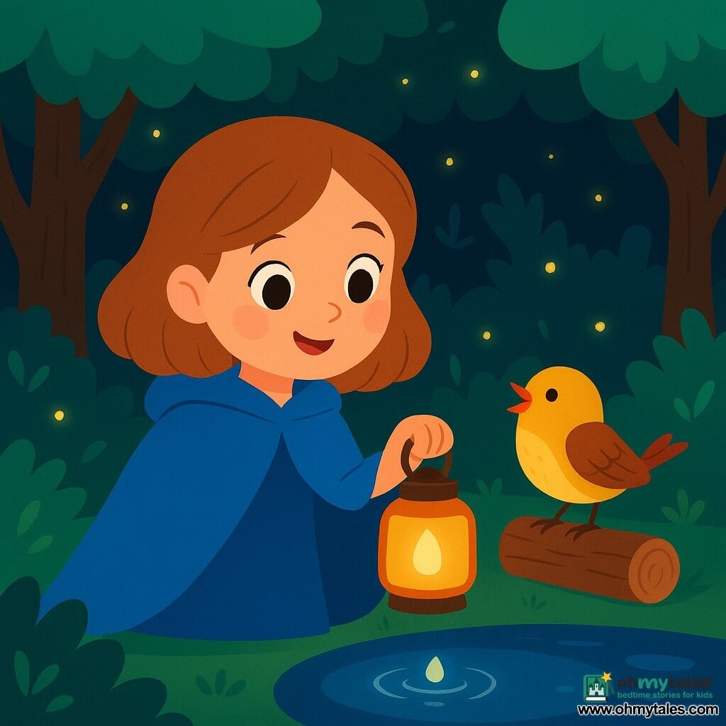 A woman named Lily, in her thirties, wears a bright blue cloak and has a gentle smile on her face. Her eyes shine with wonder as she holds a small lamp emitting a warm light. Next to her, a colorful little bird, a young sparrow, joyfully sings on a log, its yellow and brown feathers shimmering in the lamp's glow. The scene takes place in an enchanted forest, where majestic trees with thick trunks and vibrant green leaves rise around them. Fireflies dance in the air, creating a magical atmosphere, while a small pond reflects the starlight. Lily leans toward the pond, fascinated by a sparkling droplet forming a circle on the surface, looking like a little treasure ready to reveal its secret.