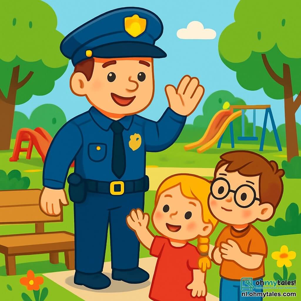 Een glimlachende en zelfverzekerde mannelijke politieagent in een mooi blauw uniform met bijpassende pet staat op een stoep en steekt zijn hand op om kinderen te groeten. Twee kinderen zijn aanwezig: een 5-jarig meisje met blonde vlechten dat glimlacht en haar hand zwaait, en een 6-jarig jongetje met een bril en kastanjebruin haar dat de politieagent bewonderend aankijkt. Ze staan dicht bij een bank in een zonnig park, vol groene bomen, kleurrijke bloemen en speeltoestellen. Op de achtergrond zijn een glijbaan en schommels te zien. De situatie toont de politieagent die vrolijk met de kinderen omgaat en hen laat zien hoe hij de gemeenschap helpt, wat een vriendelijke en veilige sfeer creëert.