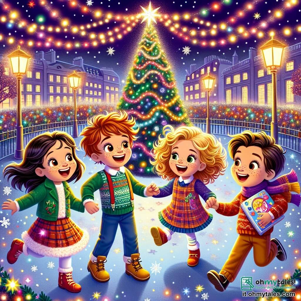 In un parco illuminato da luci scintillanti, quattro bambini si tengono in cerchio, i loro volti raggianti di gioia. Luca, un ragazzo di cinque anni con i capelli castani disordinati e un grande sorriso, alza le braccia in aria, entusiasta. Alla sua destra, Sara, una ragazza con riccioli dorati e occhi brillanti, guarda Luca con ammirazione. Marco, un ragazzo con capelli castani e lentiggini, salta sul posto ridendo di cuore. Infine, Giulia, una ragazza con capelli lisci e neri, tiene un piccolo quaderno colorato in mano, pronta a scrivere le loro risoluzioni. Il parco è decorato con luci multicolori che brillano nella notte, e un grande albero di Natale si erge al centro, circondato da fiocchi di neve scintillanti. Le stelle brillano nel cielo scuro, aggiungendo un tocco magico alla scena. I bambini, pieni di eccitazione, discutono delle loro risoluzioni per il nuovo anno, ognuno condividendo i propri sogni mentre guardano verso l'albero dove intendono nascondere i loro desideri.