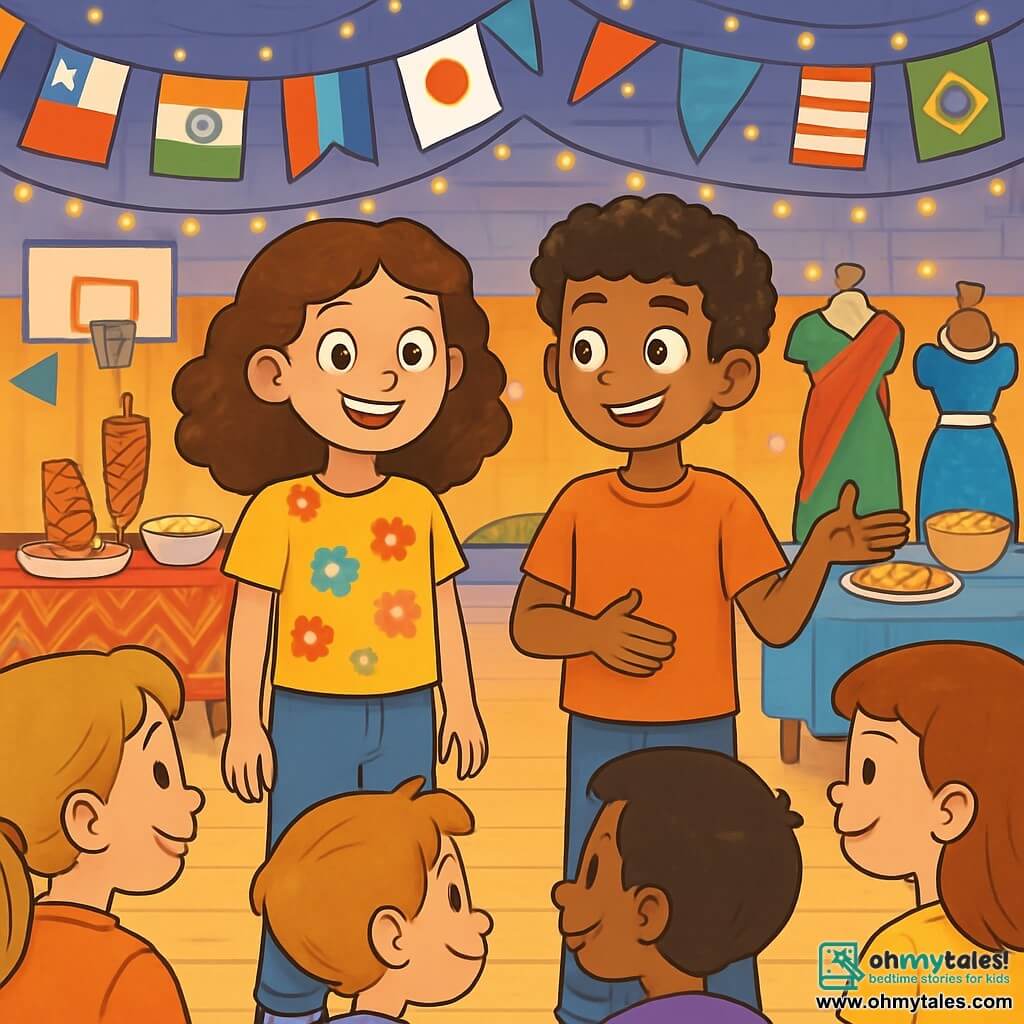 A 12-year-old girl, Lila, with curly brown hair and sparkling curious eyes, stands at the center of a vibrant scene. She wears a colorful t-shirt with a floral pattern and jeans, displaying a warm and determined smile. Next to her is Samir, a 12-year-old boy with black curly hair, caramel skin, and a confident gaze, sharing his story with a group of children. They are surrounded by colorful decorations representing different cultures, with flags, traditional clothing, and typical dishes. The venue is a large gym filled with twinkling lights and decorated tables, where children laugh and exchange stories. The main situation shows Lila and Samir standing together, celebrating diversity and friendship, while their peers listen attentively, creating an atmosphere of joy and inclusion.