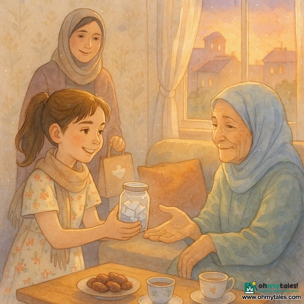 A smiling, determined 12-year-old girl, Mina, in a simple neat floral dress and discreet scarf with brown hair in a ponytail, holds a small glass jar of papers and looks at her elderly grandmother with affection; the grandmother, about 75, with a gentle wrinkled face and pastel headscarf, sits on a cozy sofa by a window reaching toward Mina with a tender smile; Aunt Salma, about 40, with short hair under a veil, stands slightly back with a pharmacy paper bag watching warmly; the small bright urban living room has soft wallpaper, colorful cushions, a tray of dates and tea cups on a wooden coffee table and a window overlooking roofs at dusk; Mina visited to check on her grandmother during Ramadan — a calm, comforting reunion in golden evening light centered on their joined hands and the jar of promises.