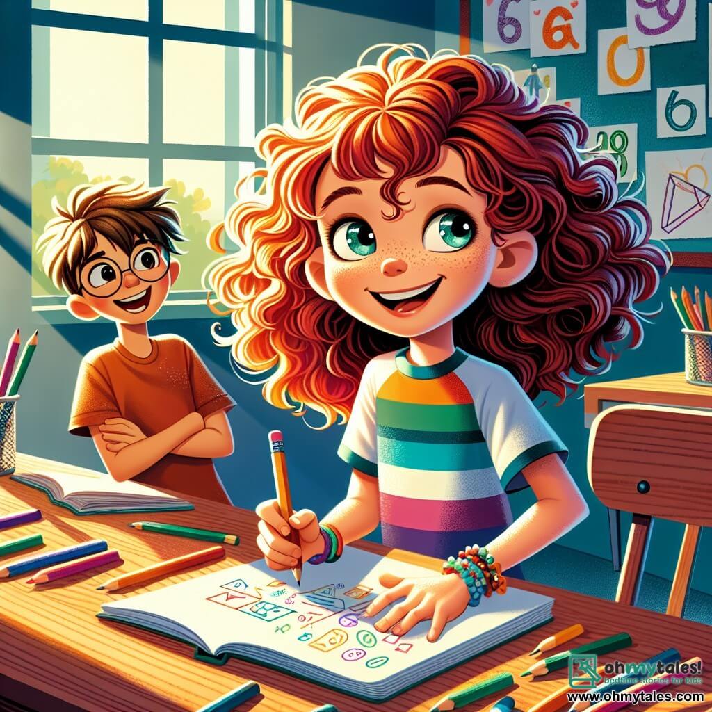 In a sunny corner of a colorful classroom, a 9-year-old girl named Molly, with curly red hair and sparkling eyes, is sitting at a wooden table. She looks focused and happy, smiling widely as she draws numbers and shapes on a piece of paper. Her colored pencils are scattered around her, and she wears a multicolored striped t-shirt. Next to her, her best friend Leo, a 9-year-old boy with messy brown hair and round glasses, leans over an open book. He smiles at Molly, his eyes shining with excitement. Leo wears a blue t-shirt and shorts, holding a pencil in his hand, ready to help. The classroom is decorated with children's drawings on the walls, math posters, and bright colors that create a warm and welcoming atmosphere. A large window lets in sunlight, illuminating the children's faces. Molly and Leo are creating a math board game, turning numbers into adventure characters. They laugh and share ideas, surrounded by sheets of paper and pencils, eager to bring their project to life.