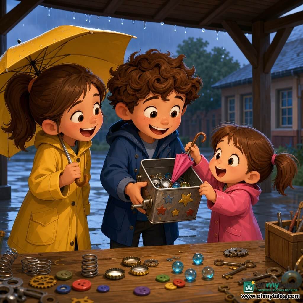 An 8-year-old boy with curly chestnut hair, freckles, a wide smile and bright eyes holds a metal box decorated with star stickers that jingles with bottle caps inside, joyful and leaning forward; to his left Pippa, about 8, with brown hair in a ponytail and a yellow raincoat laughs while holding a large yellow umbrella; in front of them little Lily, about 4, with pigtails and a pink coat amazes as she places her mini-umbrella into the box for the first time; they stand under a dark-wood school shelter in light rain on wet tiled ground with small puddles beside a craft table with scattered buttons, springs and gears—a warm, softly lit scene celebrating a jingling music-box umbrella holder, centered on the three children.