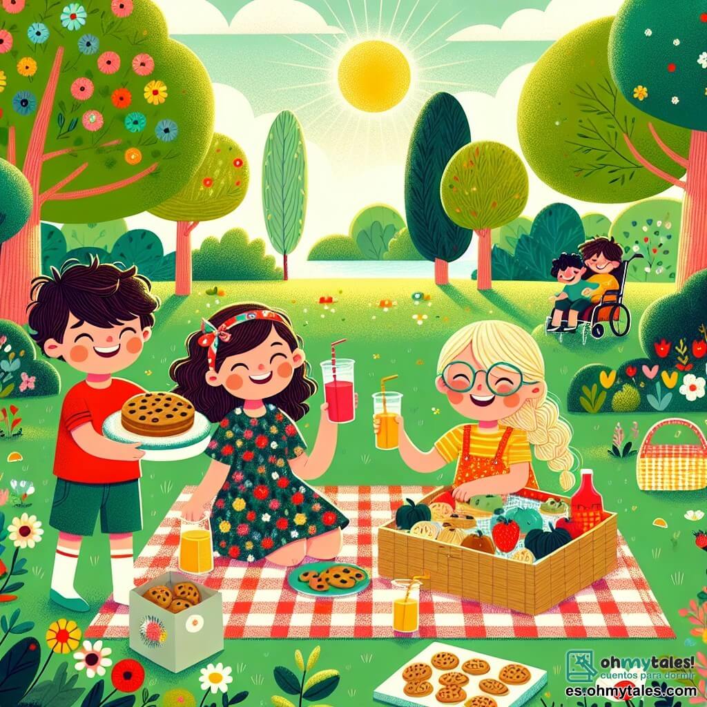 En un parque soleado, tres amigos se reúnen para celebrar el Día del Padre. Leo, un niño de 8 años con cabello castaño desordenado y una camiseta roja, sostiene un gran plato de pasteles, sonriendo con entusiasmo. Sofía, una niña de 7 años con largas trenzas rubias y un vestido de flores coloridas, está sentada en una gran manta de cuadros, sirviendo jugo de frutas en vasos. Pablo, un niño de 9 años con gafas y cabello castaño, está en su silla de ruedas, riendo alegremente mientras sostiene una caja de pasteles. El parque está lleno de vegetación, con árboles majestuosos y flores coloridas que bailan con el viento. Los tres amigos preparan un picnic sorpresa para su papá, rodeados de pasteles caseros y risas, creando una atmósfera alegre y festiva.