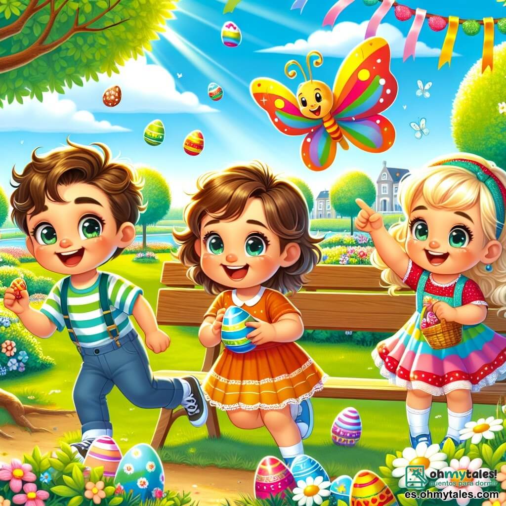 En un parque soleado, tres niños se reúnen para una búsqueda de huevos de Pascua. Nacho, un niño de tres años con cabello rizado y ojos brillantes, sonríe alegremente sosteniendo un huevo de chocolate. A su derecha, Lucas, un niño de tres años con cabello castaño y gafas redondas, se esconde detrás de un banco de madera, listo para mostrar un huevo que ha encontrado. A la izquierda, María, una niña de tres años con coletas rubias y un vestido colorido, señala una mariposa mágica que vuela cerca de ellos. El parque está lleno de flores brillantes, grandes árboles de hojas verdes y un cielo azul claro con nubes blancas esponjosas. Los niños ríen y corren por el parque, buscando huevos escondidos mientras una gran mariposa de alas multicolores los guía hacia un huevo especial colgado de un árbol.